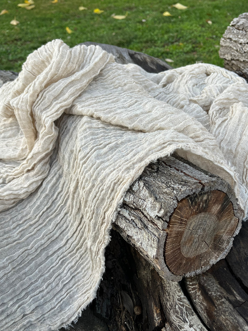 Neutral Stretchy Crinkle Linen Fabric, Textured Surface.