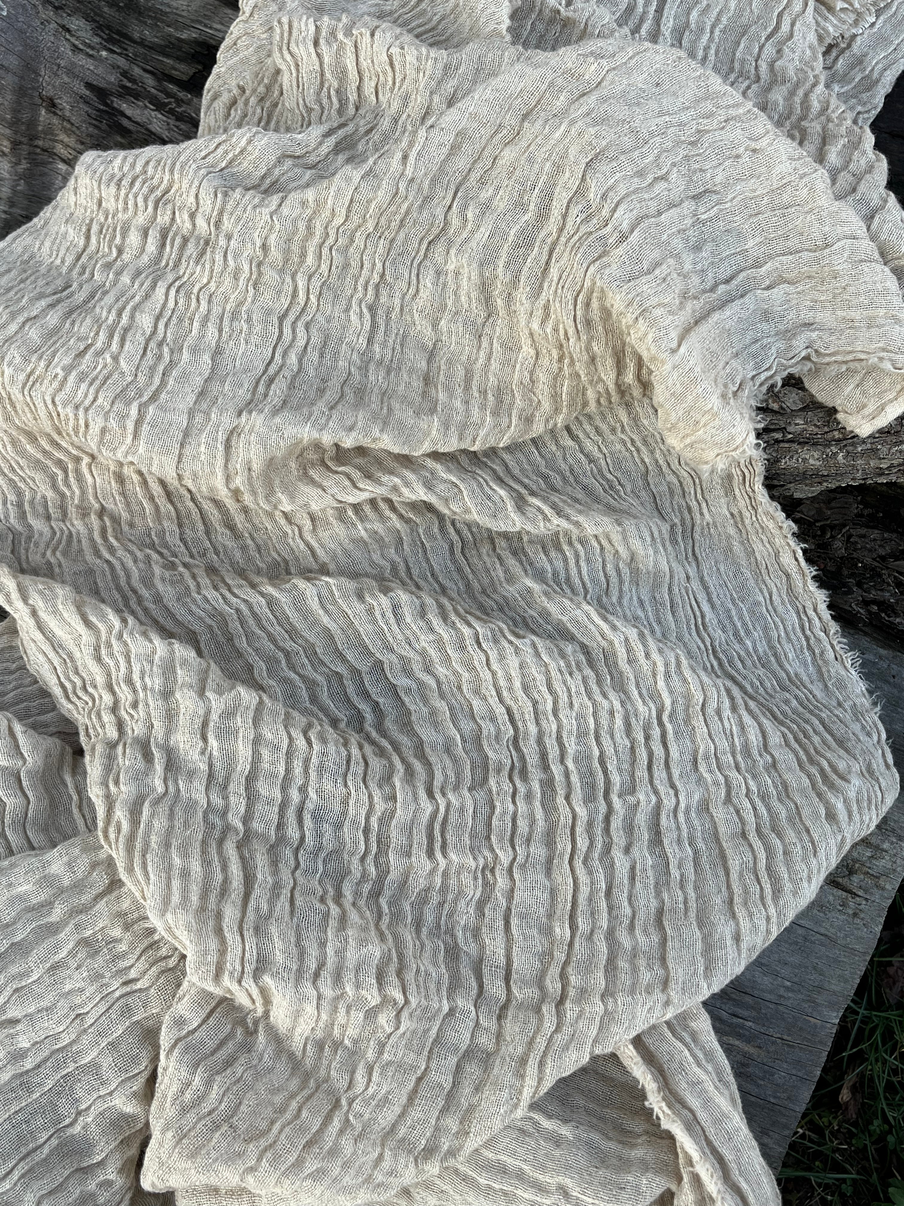 Neutral Stretchy Crinkle Linen Fabric, Textured Surface.