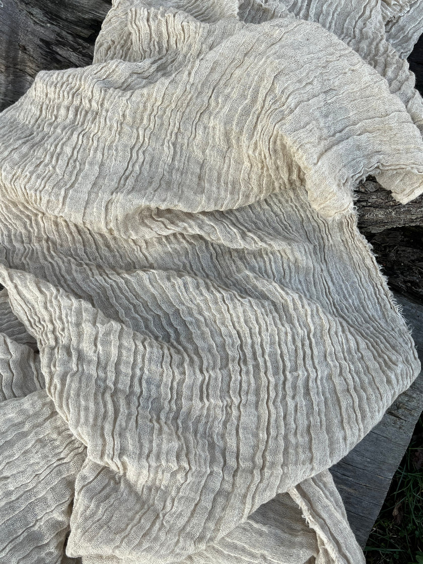Neutral Stretchy Crinkle Linen Fabric, Textured Surface.