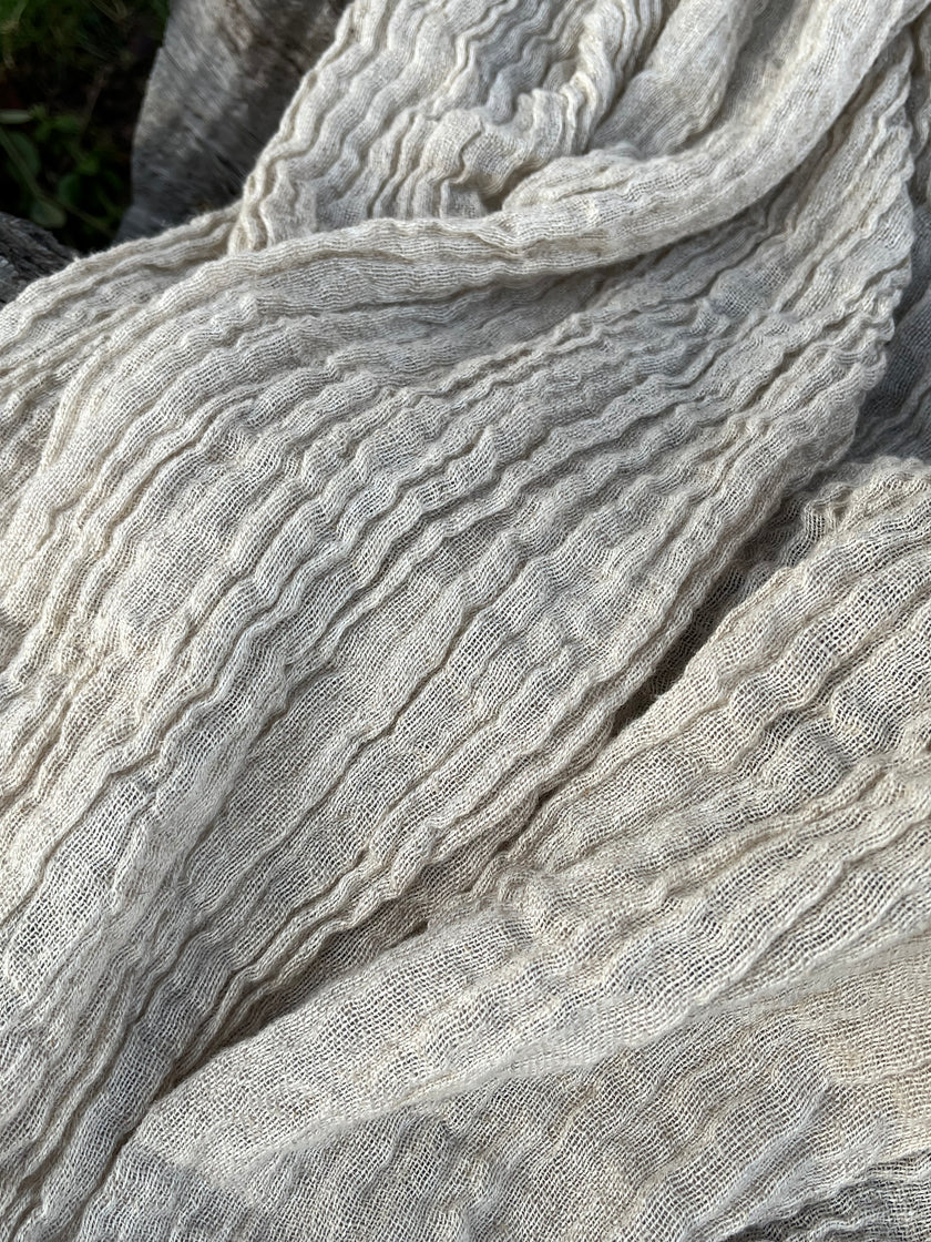 Neutral Stretchy Crinkle Linen Fabric, Textured Surface.