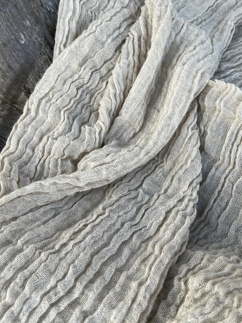 Neutral Stretchy Crinkle Linen Fabric, Textured Surface.