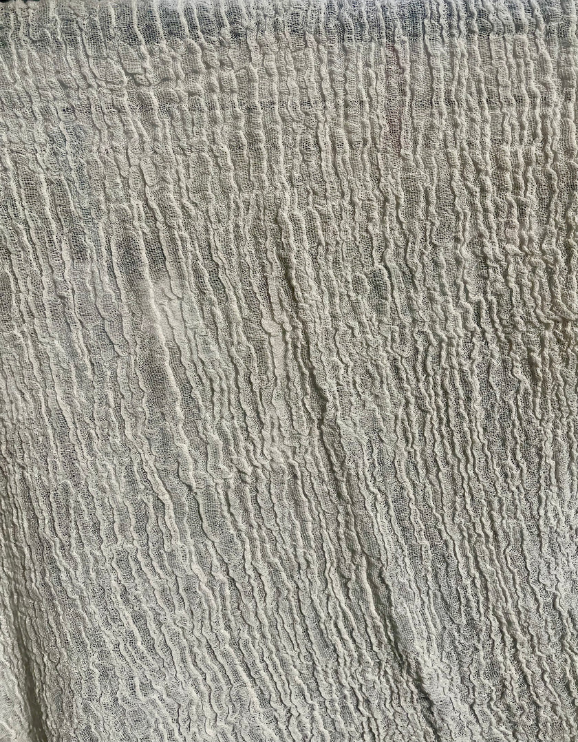 Neutral Stretchy Crinkle Cotton Fabric, Textured Surface, Off White Handwoven.