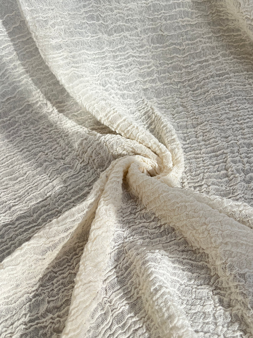 Neutral Stretchy Crinkle Cotton Fabric, Textured Surface, Off White Handwoven.