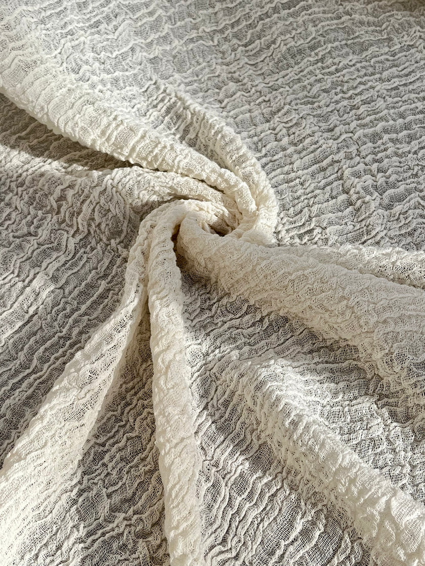 Neutral Stretchy Crinkle Cotton Fabric, Textured Surface, Off White Handwoven.