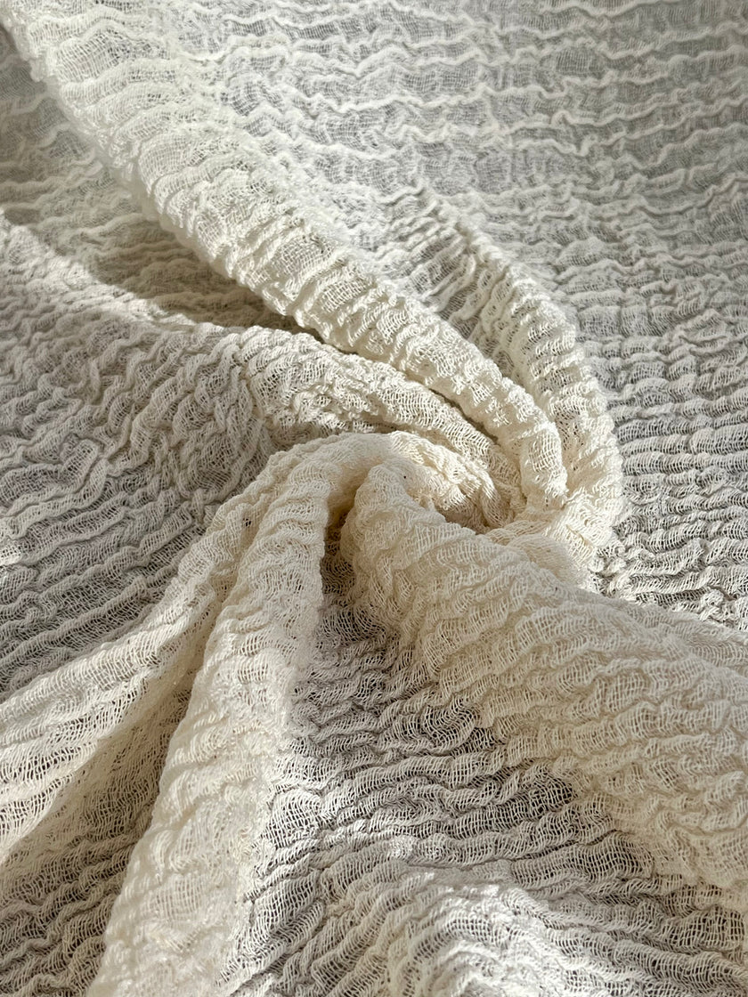 Neutral Stretchy Crinkle Cotton Fabric, Textured Surface, Off White Handwoven.