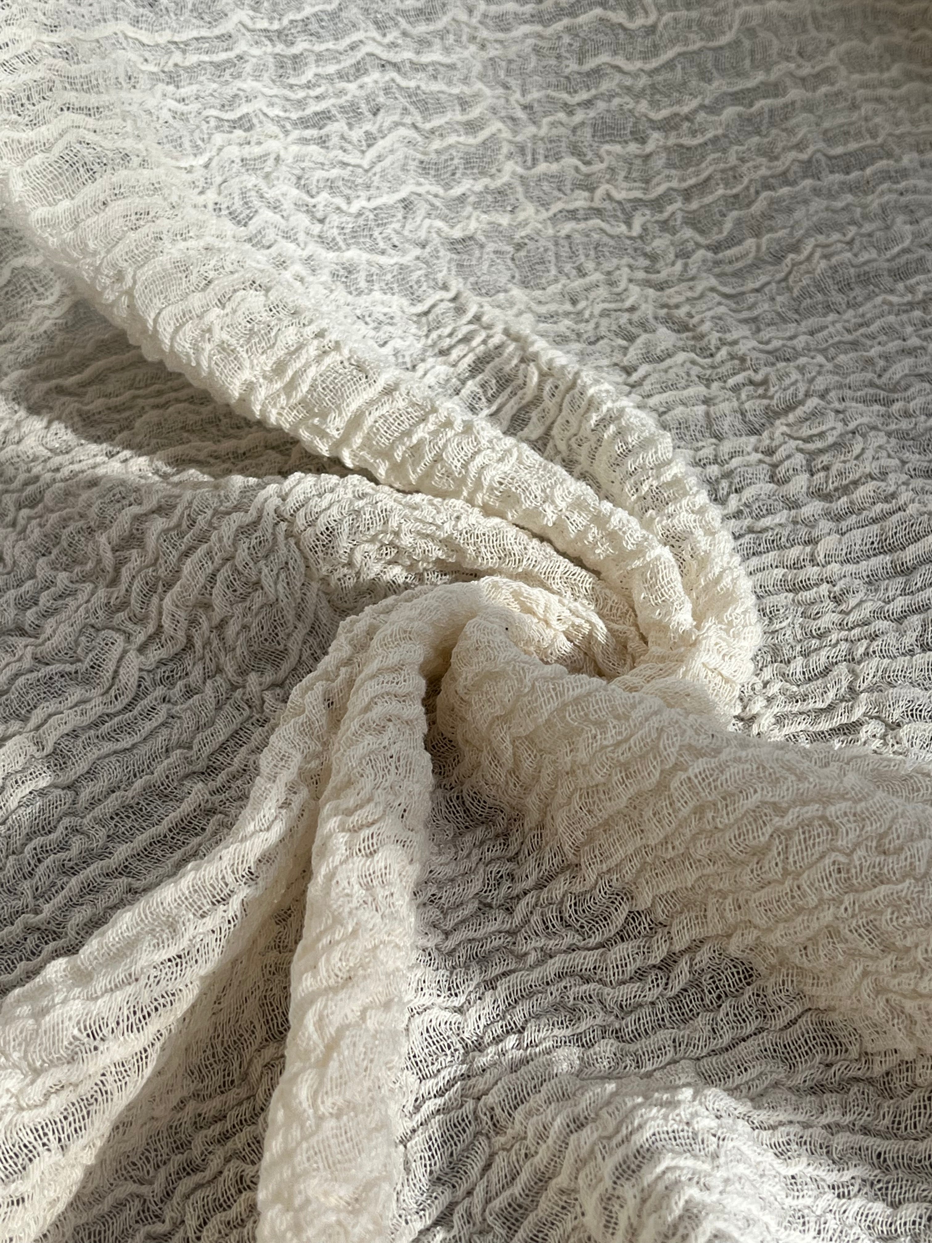 Neutral Stretchy Crinkle Cotton Fabric, Textured Surface, Off White Handwoven.