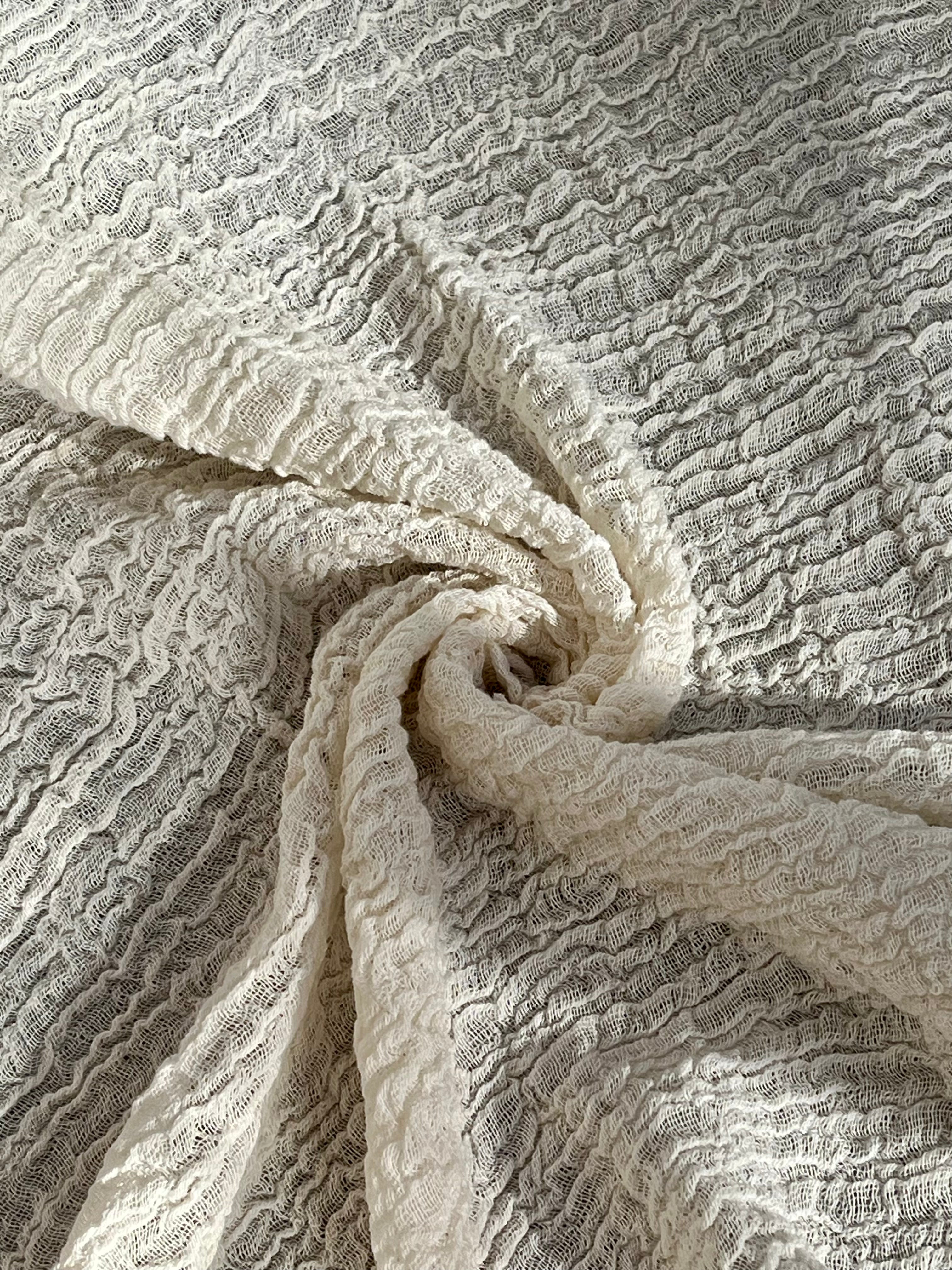 Neutral Stretchy Crinkle Cotton Fabric, Textured Surface, Off White Handwoven.