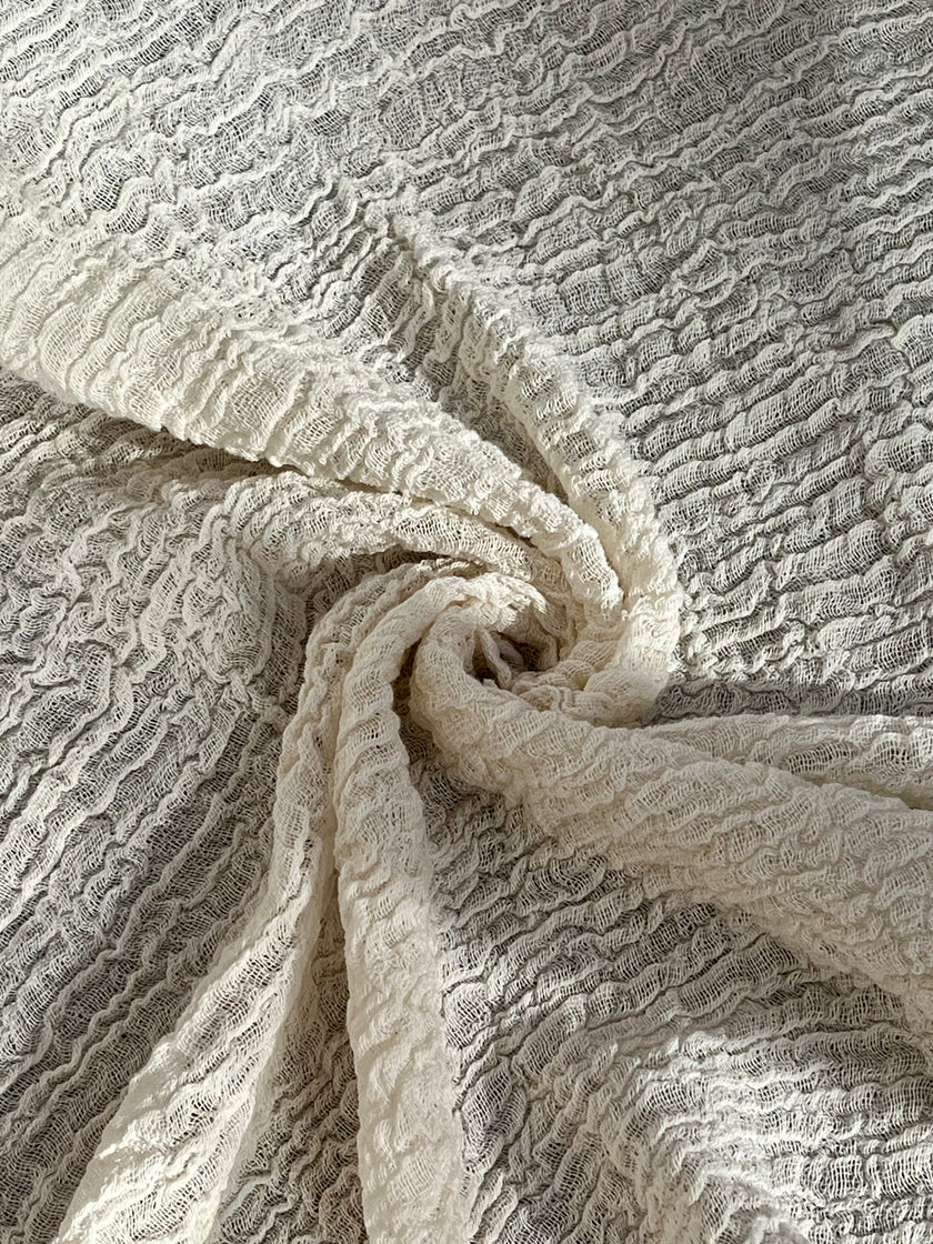 Neutral Stretchy Crinkle Cotton Fabric, Textured Surface, Off White Handwoven.
