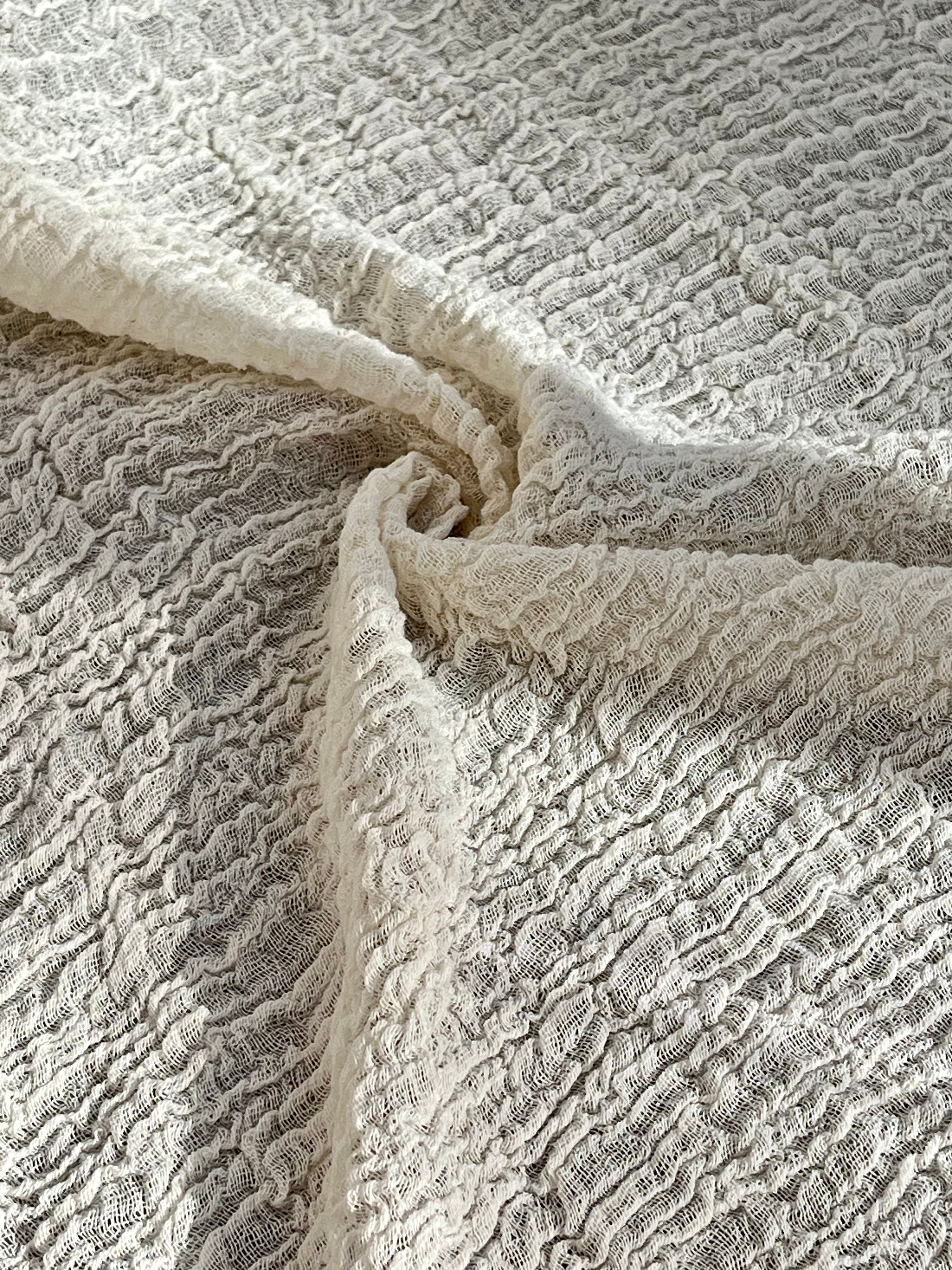 Neutral Stretchy Crinkle Cotton Fabric, Textured Surface, Off White Handwoven.