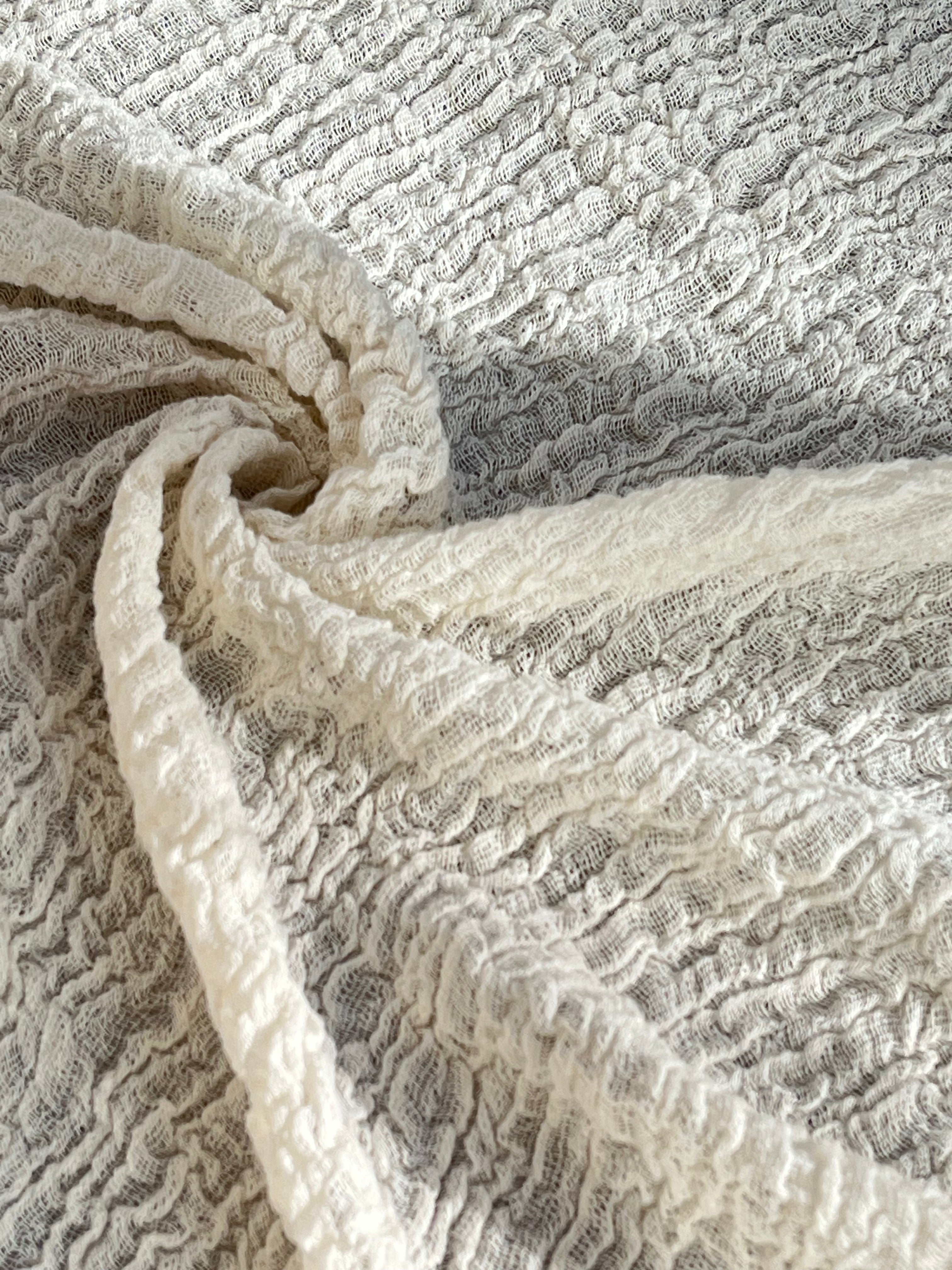 Neutral Stretchy Crinkle Cotton Fabric, Textured Surface, Off White Handwoven.