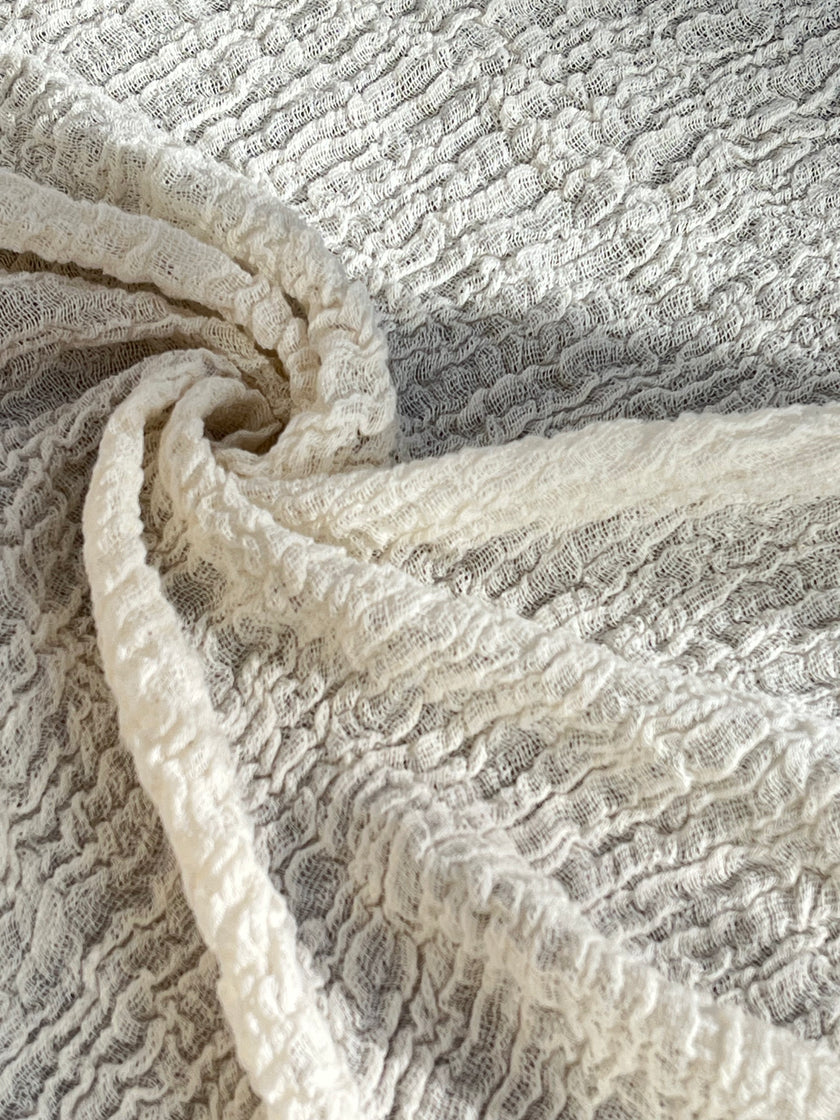 Neutral Stretchy Crinkle Cotton Fabric, Textured Surface, Off White Handwoven.