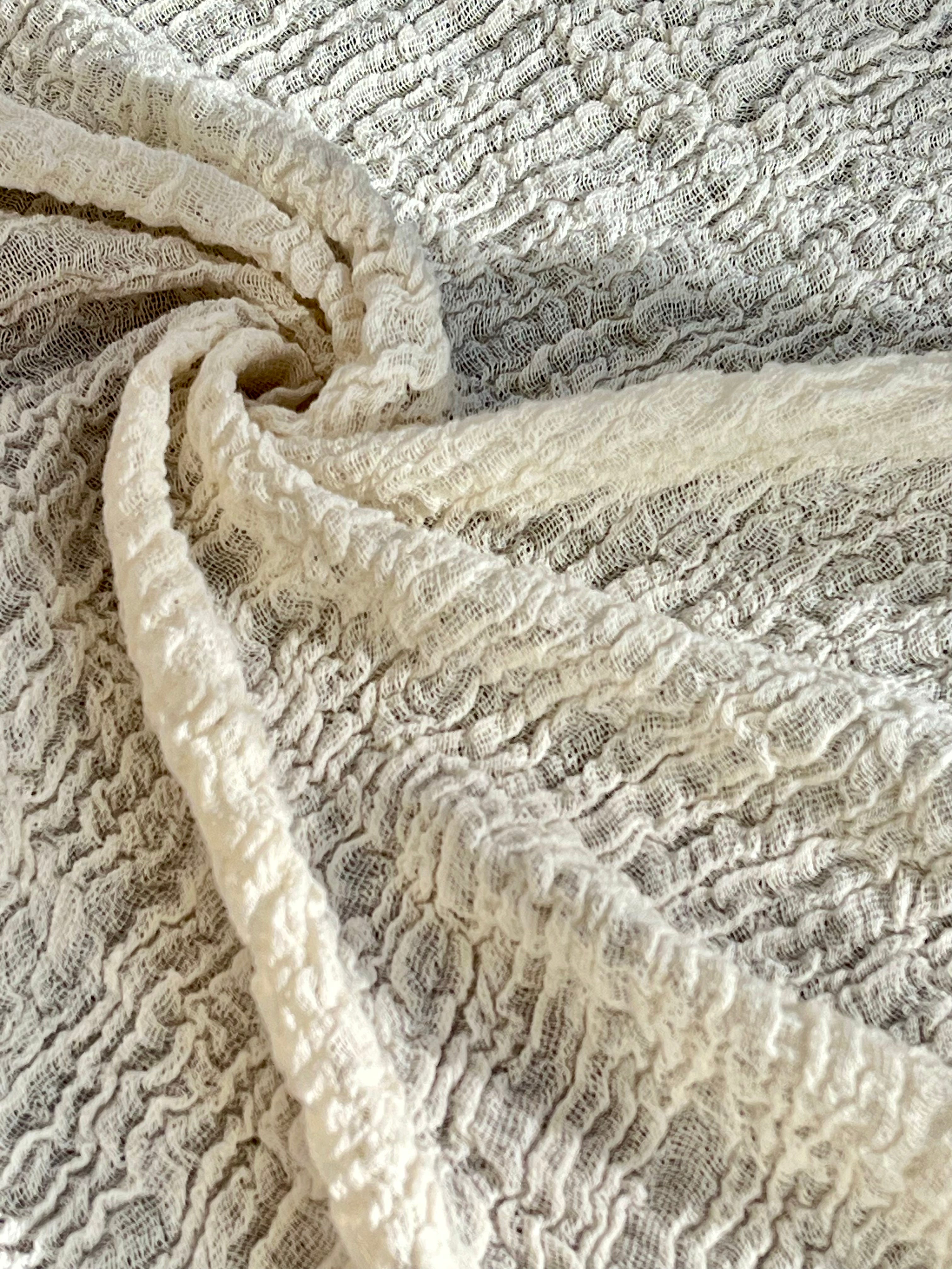 Neutral Stretchy Crinkle Cotton Fabric, Textured Surface, Off White Handwoven.