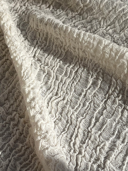 Neutral Stretchy Crinkle Cotton Fabric, Textured Surface, Off White Handwoven.