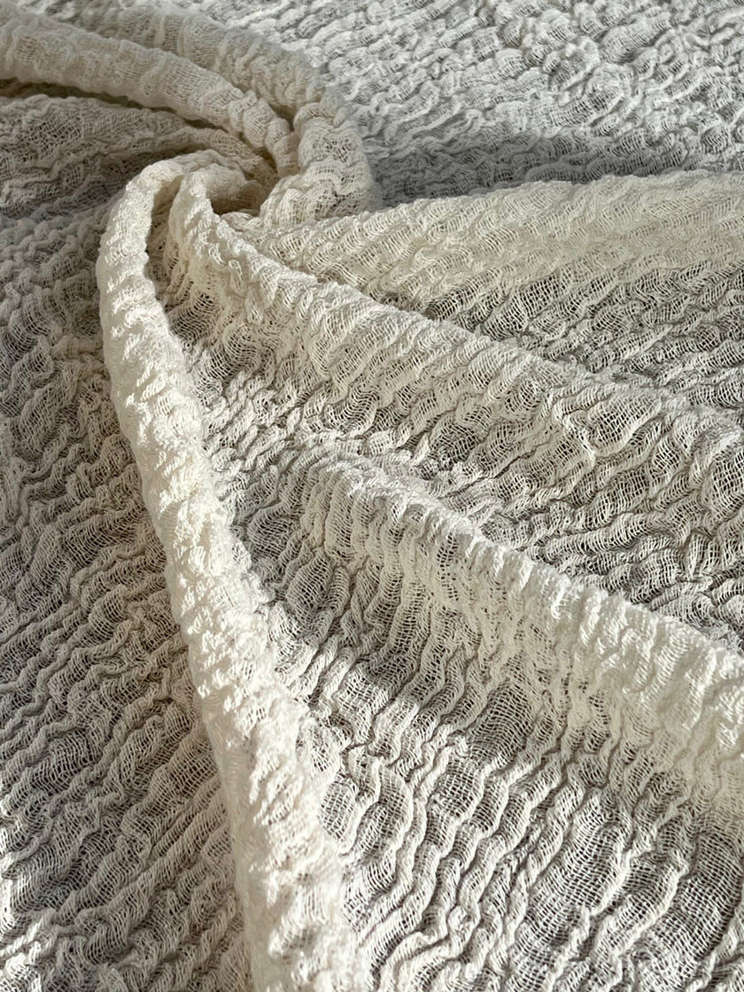 Neutral Stretchy Crinkle Cotton Fabric, Textured Surface, Off White Handwoven.