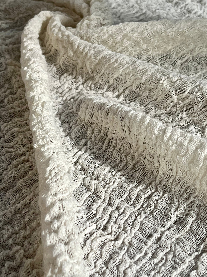 Neutral Stretchy Crinkle Cotton Fabric, Textured Surface, Off White Handwoven.