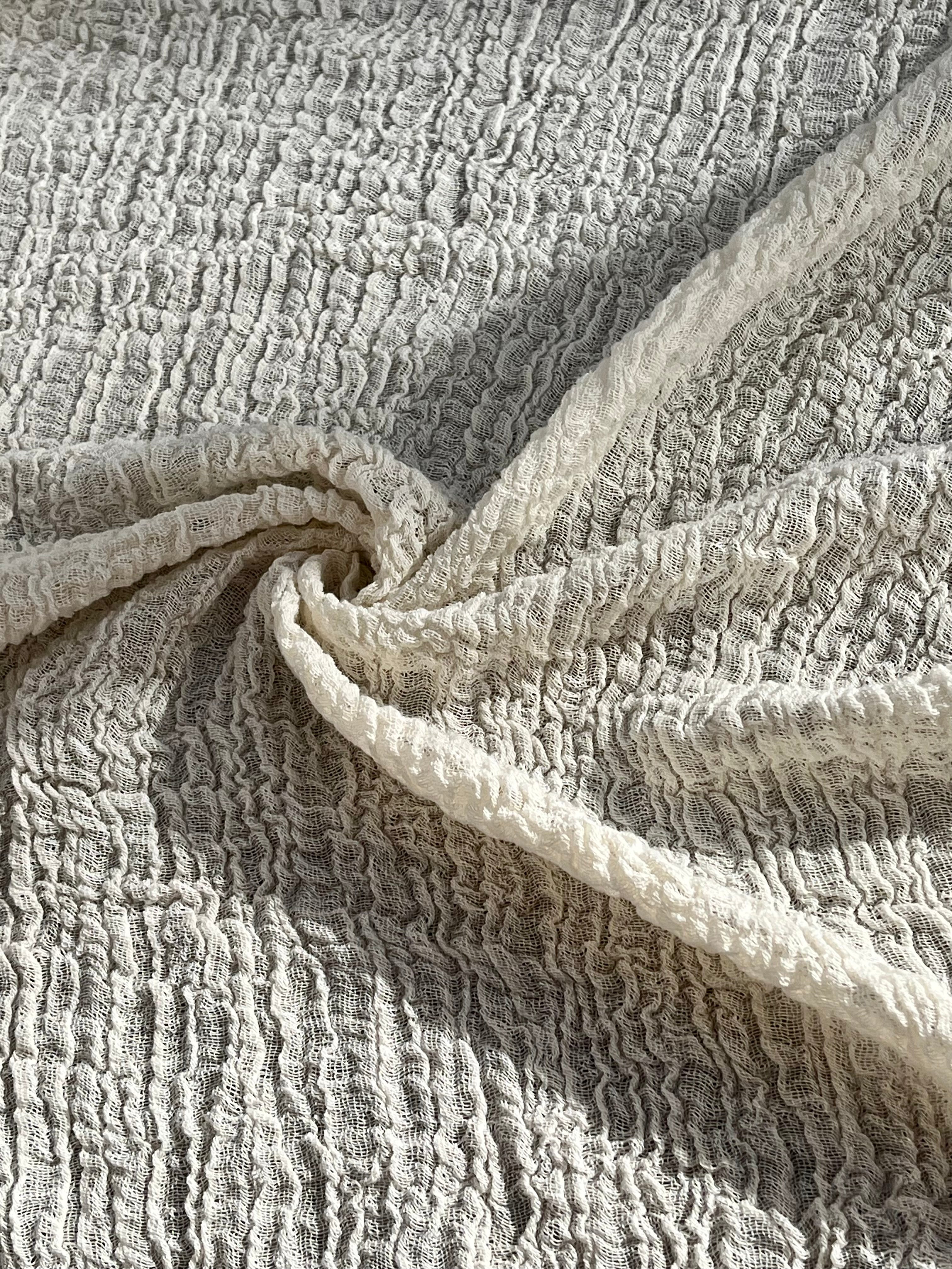 Neutral Stretchy Crinkle Cotton Fabric, Textured Surface, Off White Handwoven.