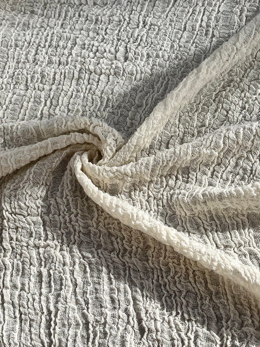 Neutral Stretchy Crinkle Cotton Fabric, Textured Surface, Off White Handwoven.