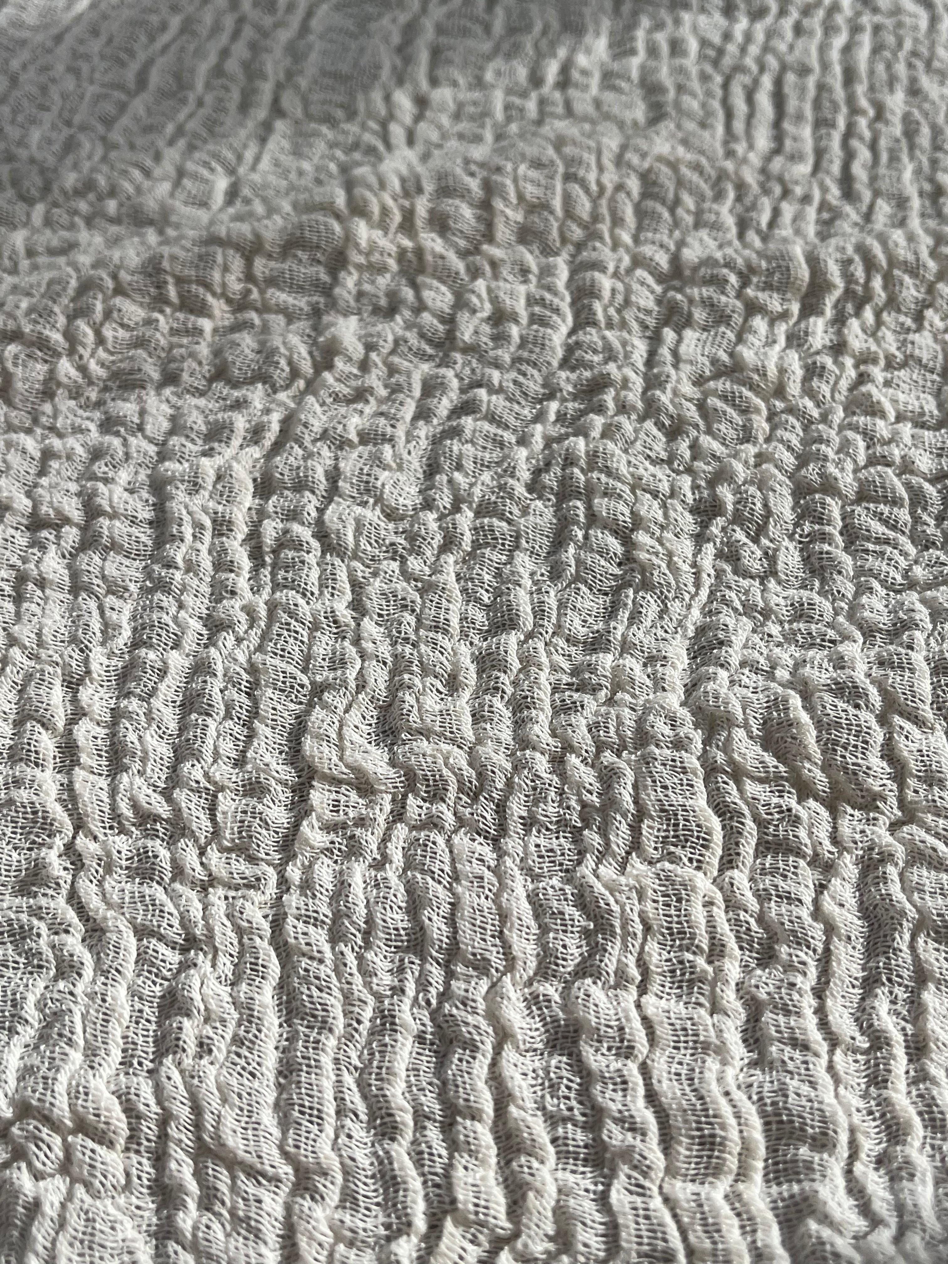 Neutral Stretchy Crinkle Cotton Fabric, Textured Surface, Off White Handwoven.