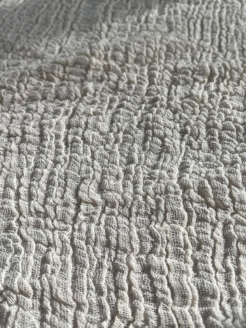 Neutral Stretchy Crinkle Cotton Fabric, Textured Surface, Off White Handwoven.