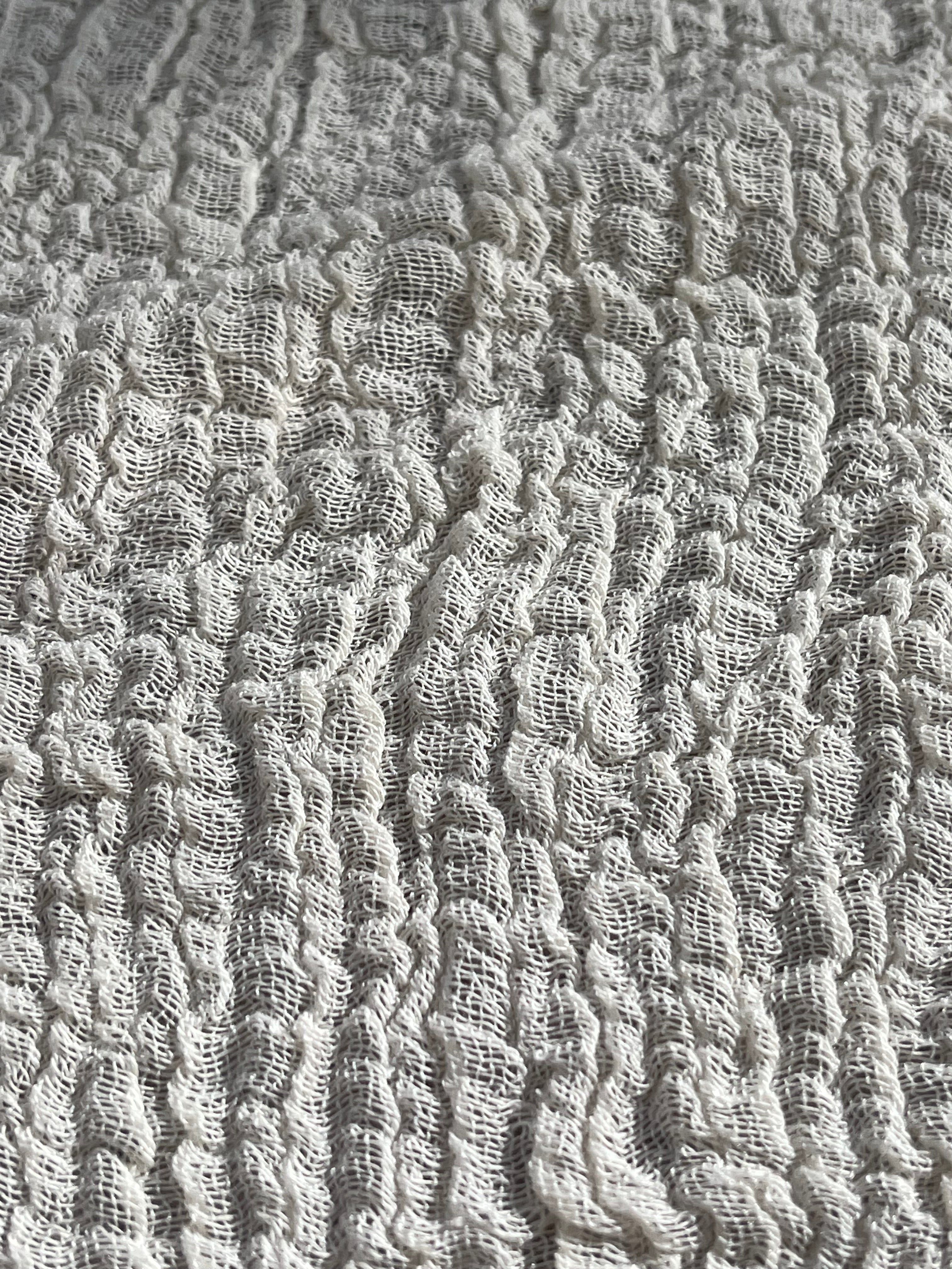 Neutral Stretchy Crinkle Cotton Fabric, Textured Surface, Off White Handwoven.