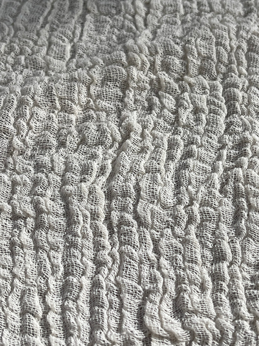 Neutral Stretchy Crinkle Cotton Fabric, Textured Surface, Off White Handwoven.