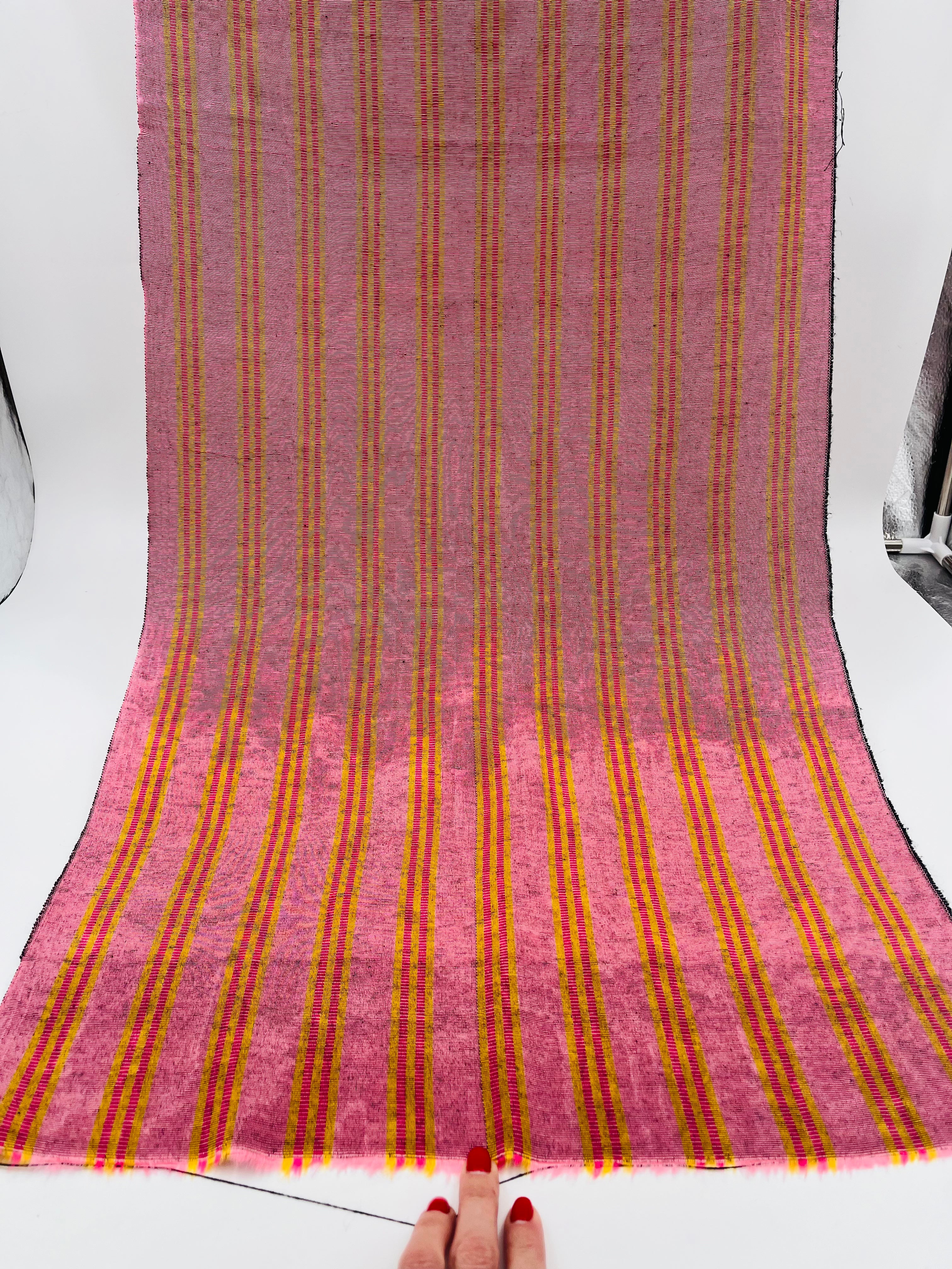 Pastel Pink Silk Moire Fabric, Watermark Pattern, Yellow Stripes.