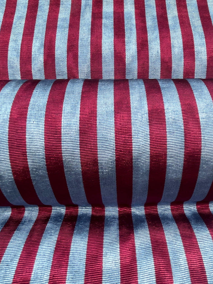 Blue Burgundy Striped Silk Home Textile Interior Fabric Moire.