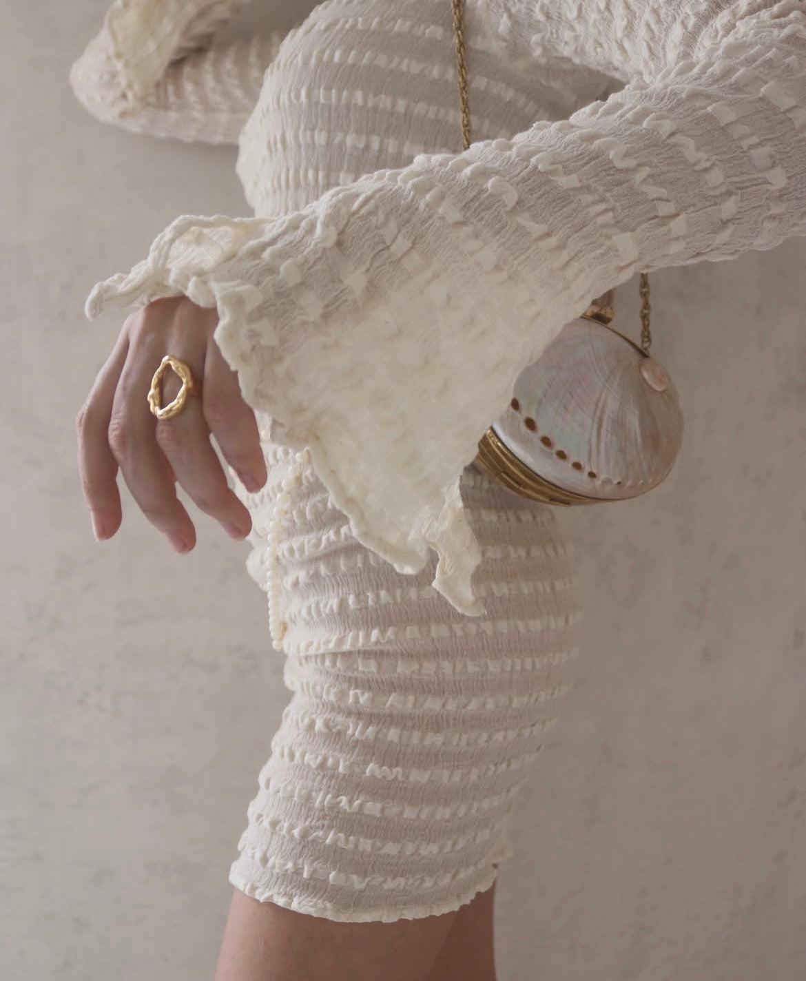 Neutral Textured Cotton Stretchy Crinkle Fabric.