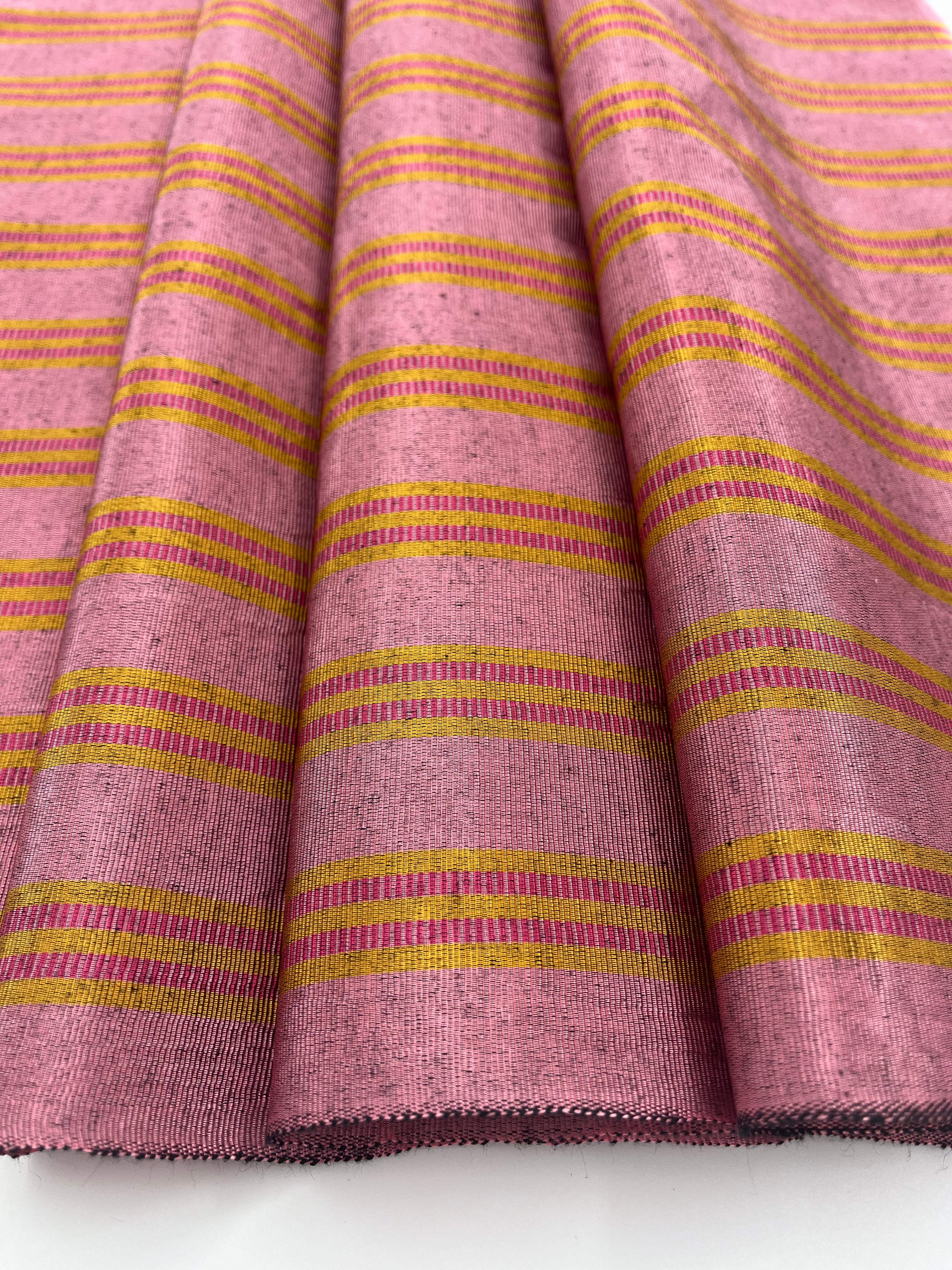 Pastel Pink Silk Moire Fabric, Watermark Pattern, Yellow Stripes.