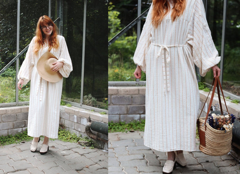 Çizgili Beyaz Pamuklu Yarı Şeffaf Kumaş, Ağartılmamış Hafif Doğal, Geniş Kumaş Metreyle