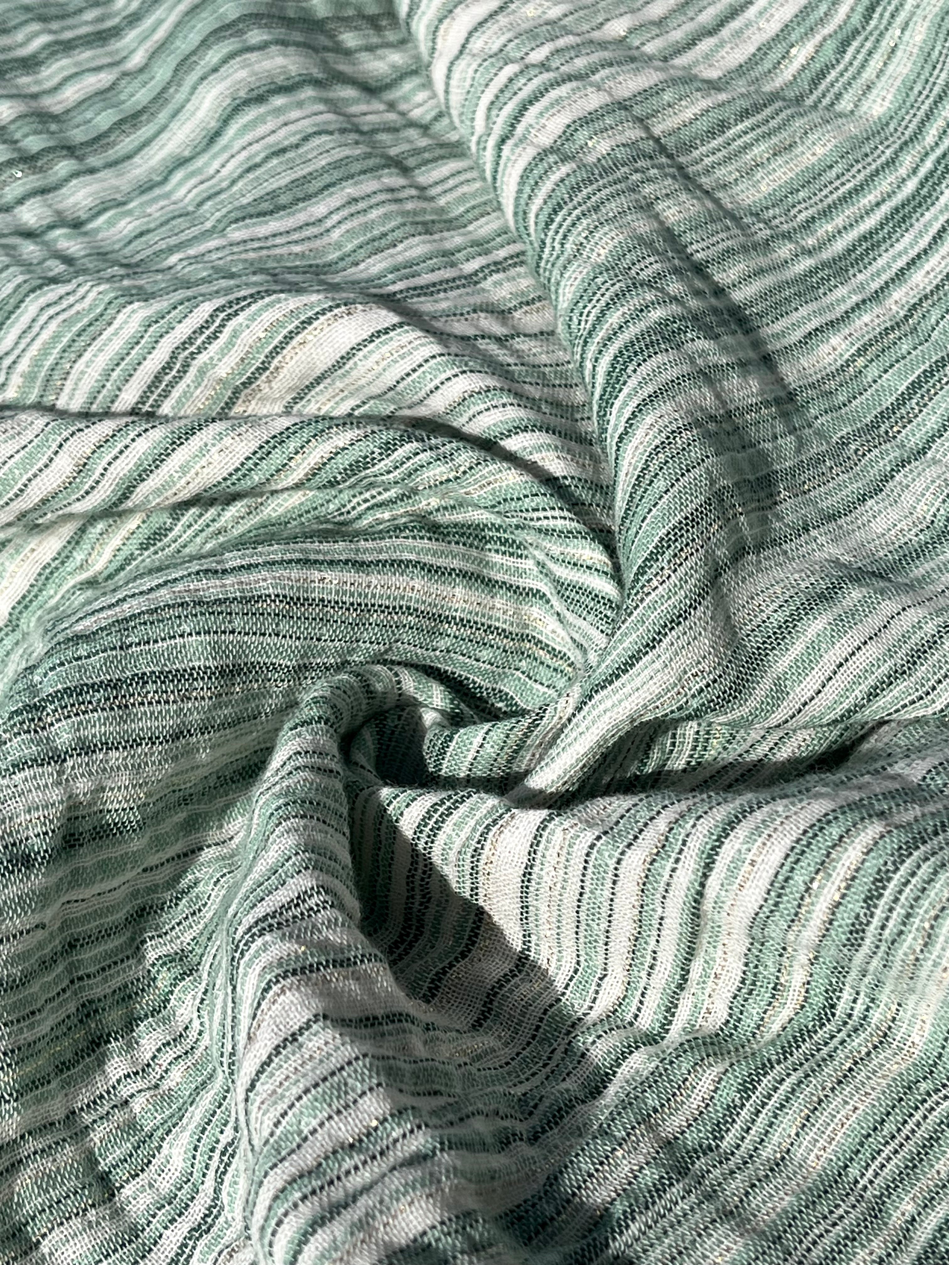 Muslin Fabric Green-Pink Shades Pin Stripes With Glitter.