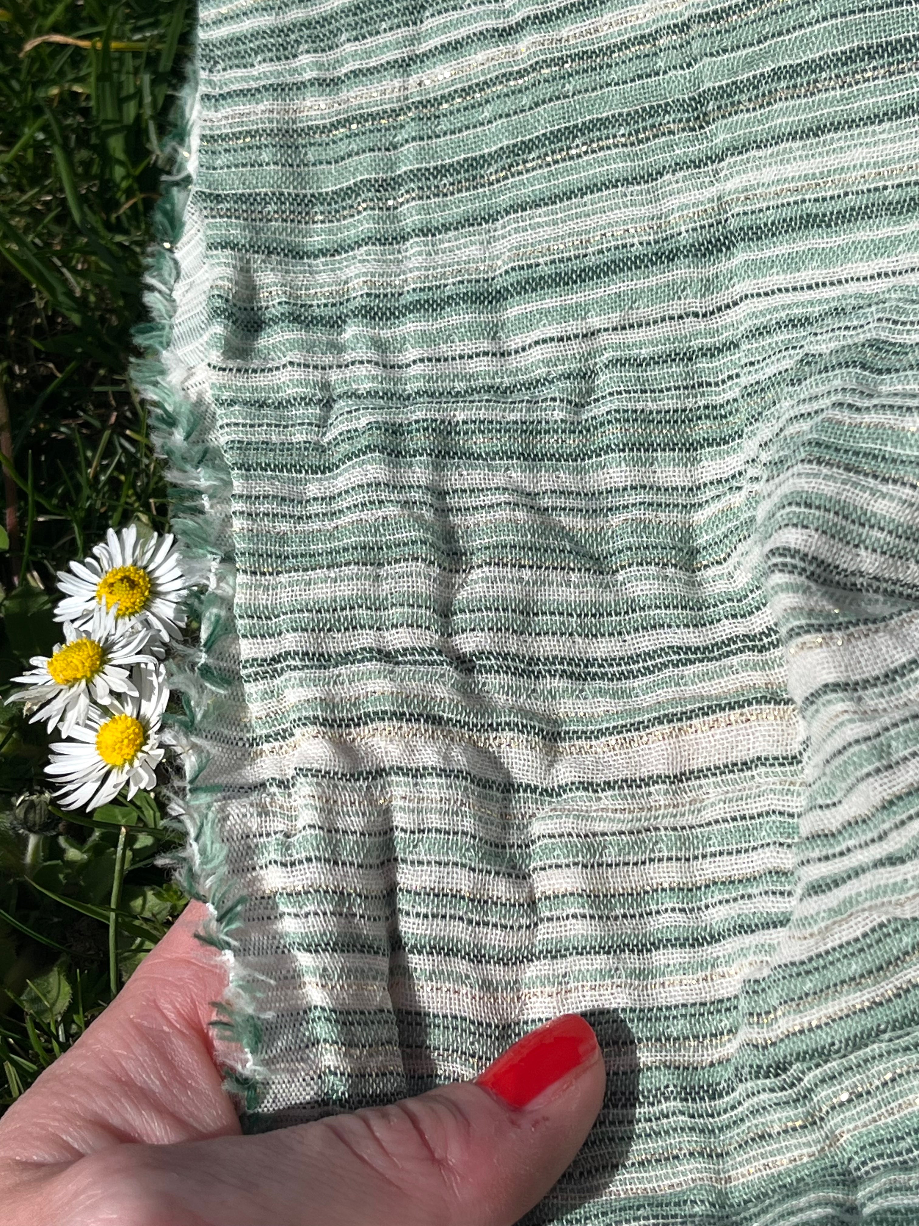 Muslin Fabric Green-Pink Shades Pin Stripes With Glitter.