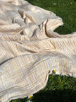 Muslin Fabric Green-Pink Shades Pin Stripes With Glitter.