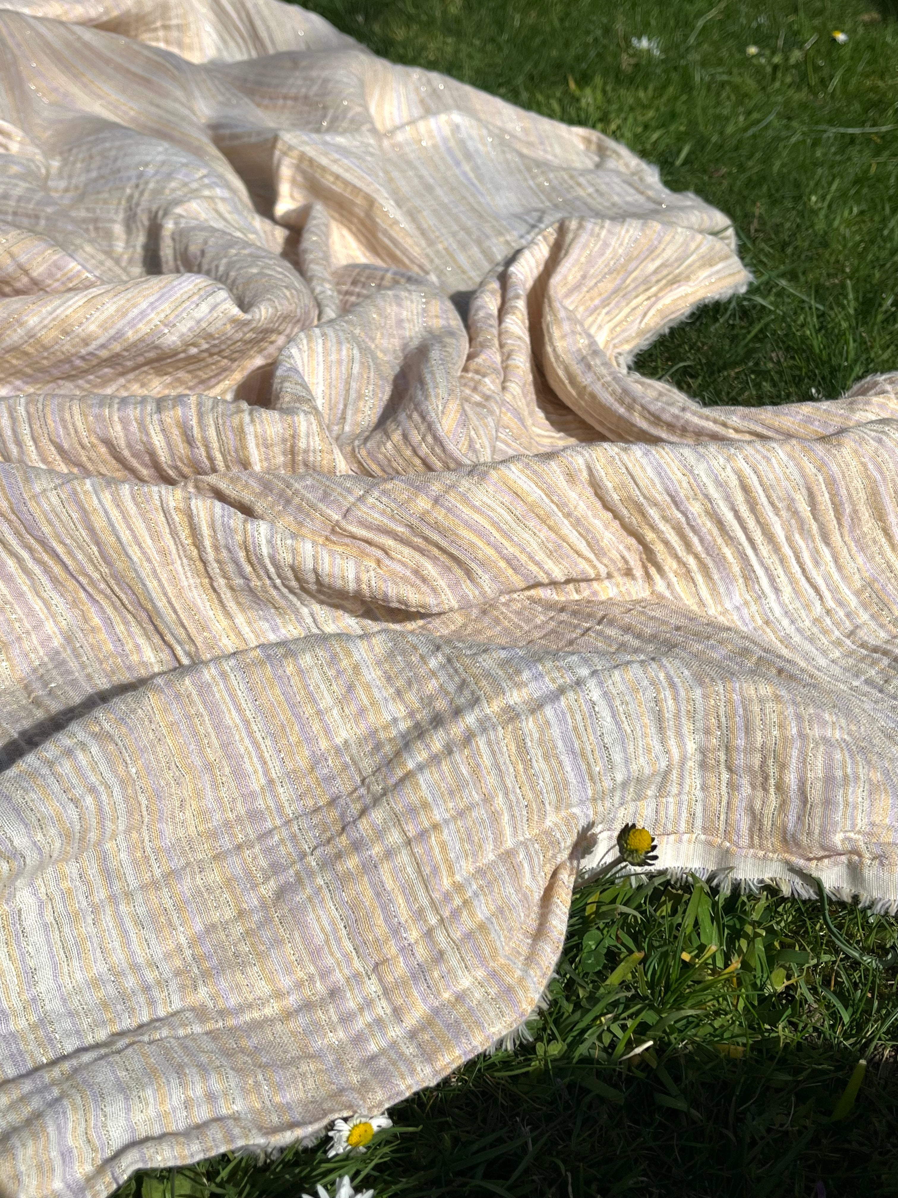 Muslin Fabric Green-Pink Shades Pin Stripes With Glitter.