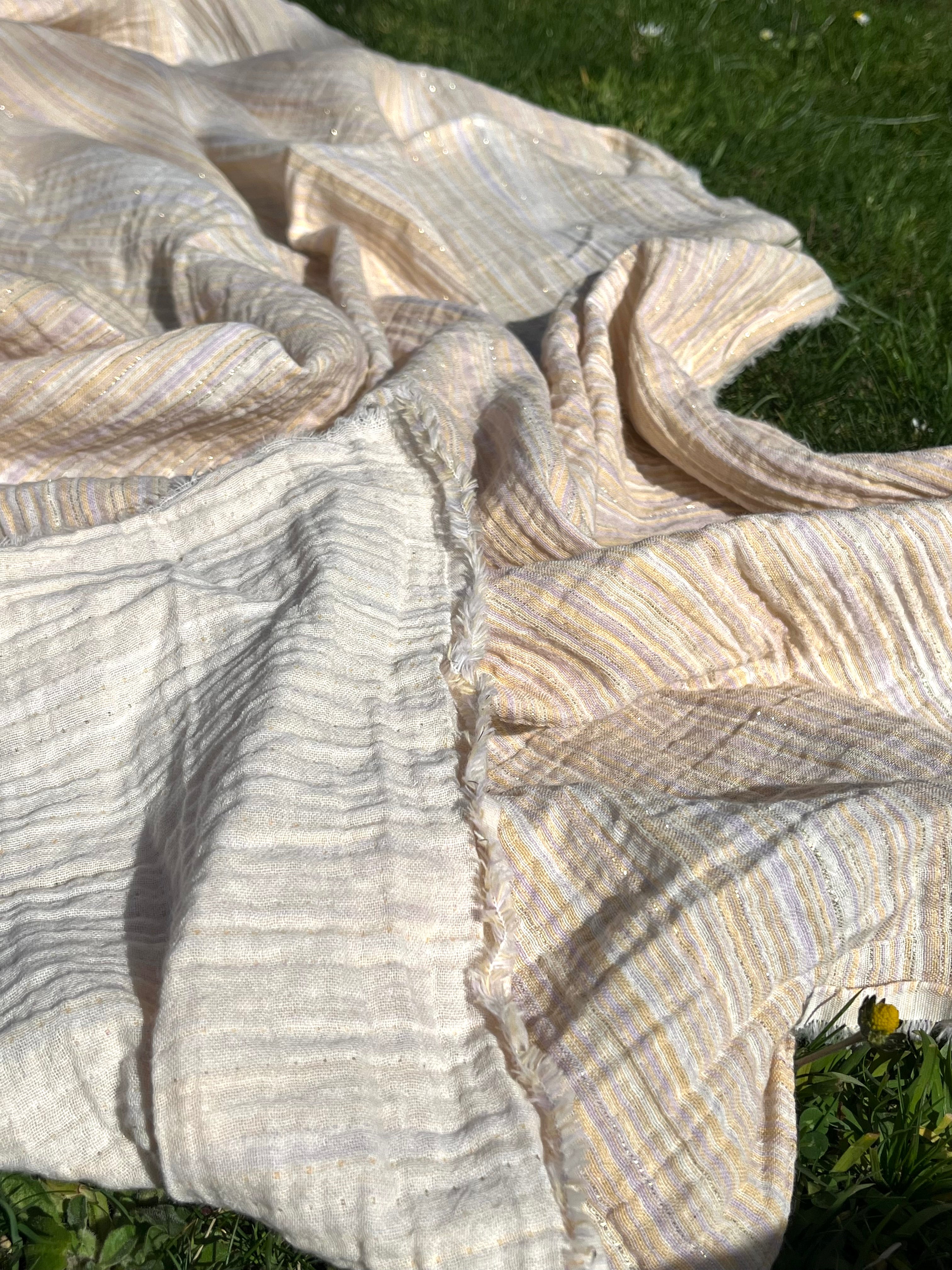 Muslin Fabric Green-Pink Shades Pin Stripes With Glitter.