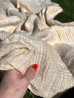 Muslin Fabric Green-Pink Shades Pin Stripes With Glitter.