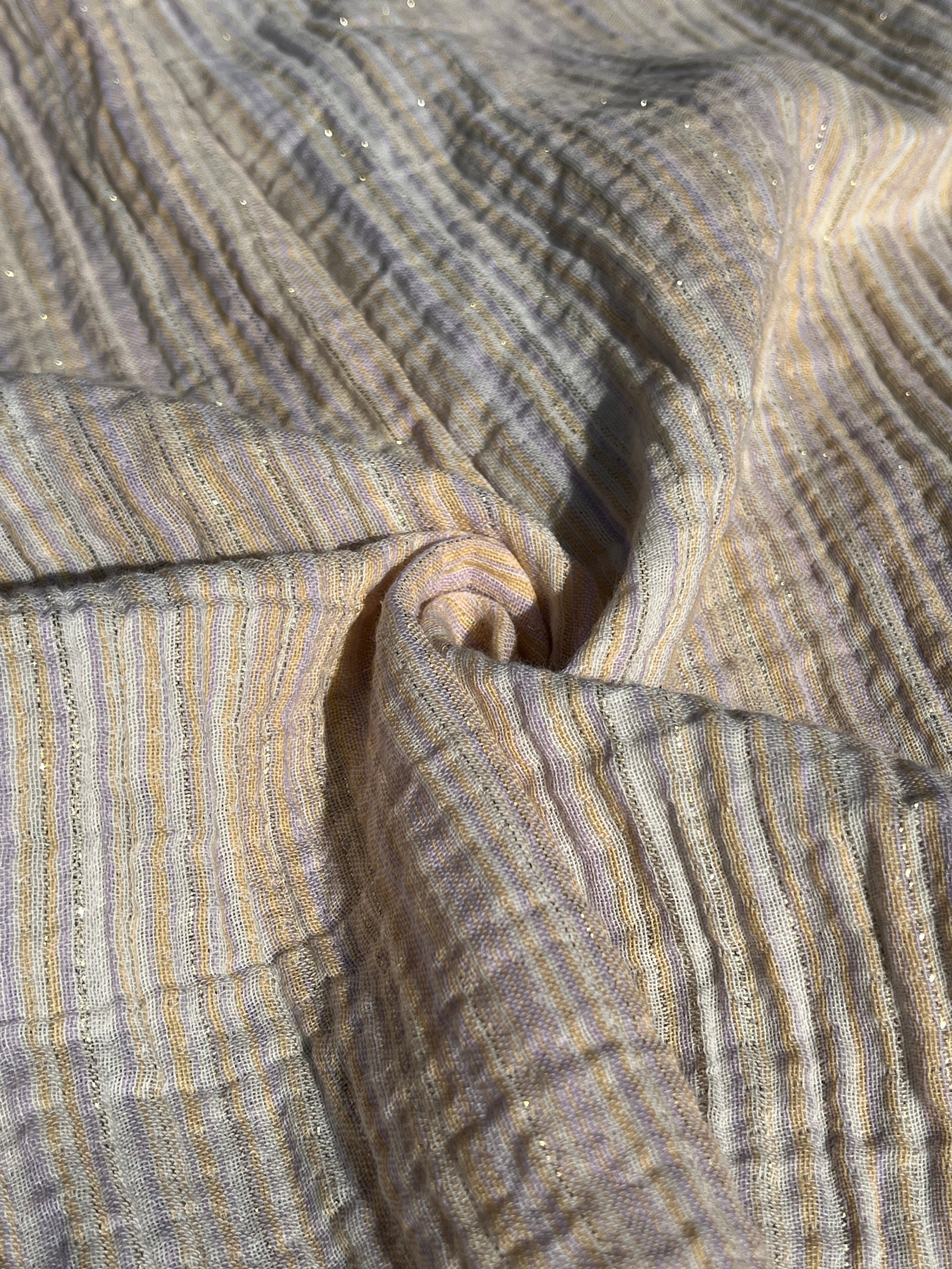 Muslin Fabric Green-Pink Shades Pin Stripes With Glitter.
