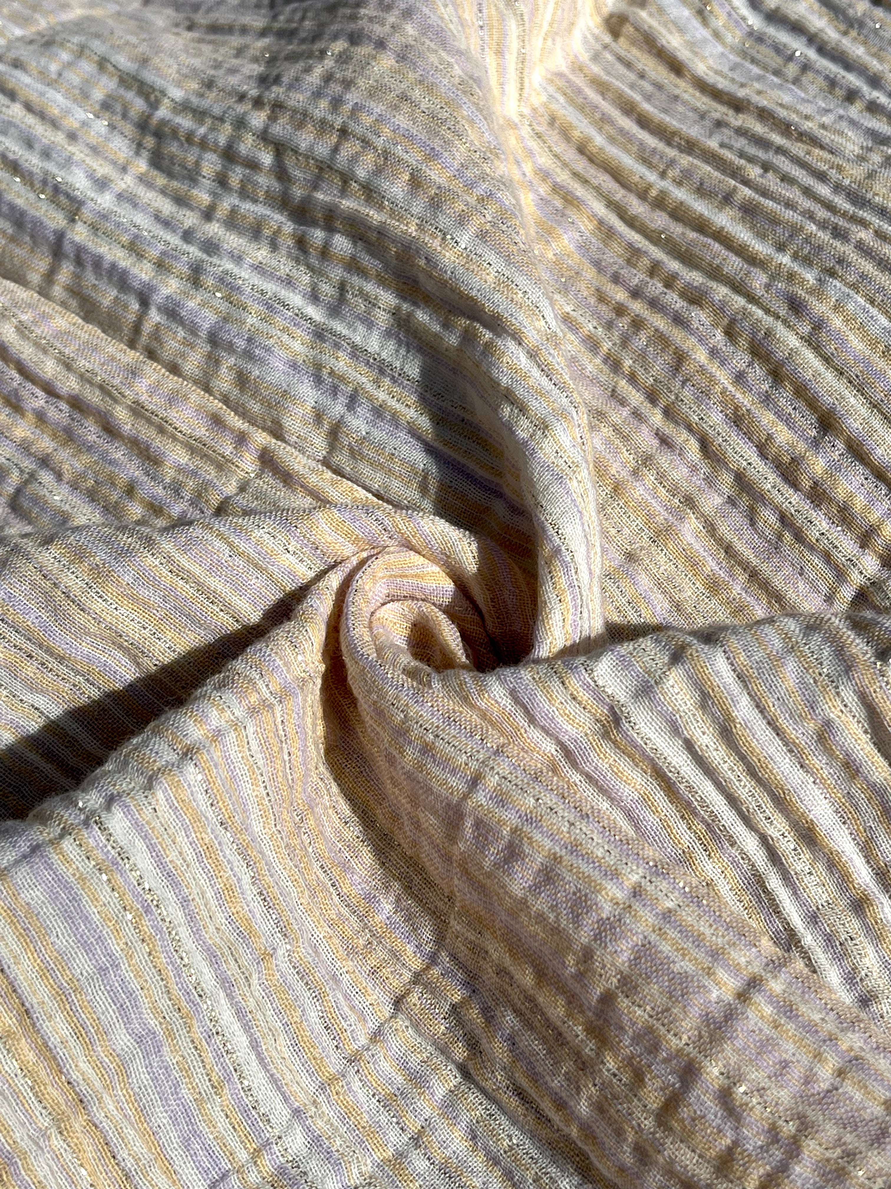Muslin Fabric Green-Pink Shades Pin Stripes With Glitter.