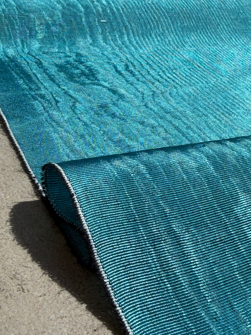 Aqua Blue Silk Moiré Fabric – 50/50 Silk Cotton Blend | Ottoman-Inspired Textile