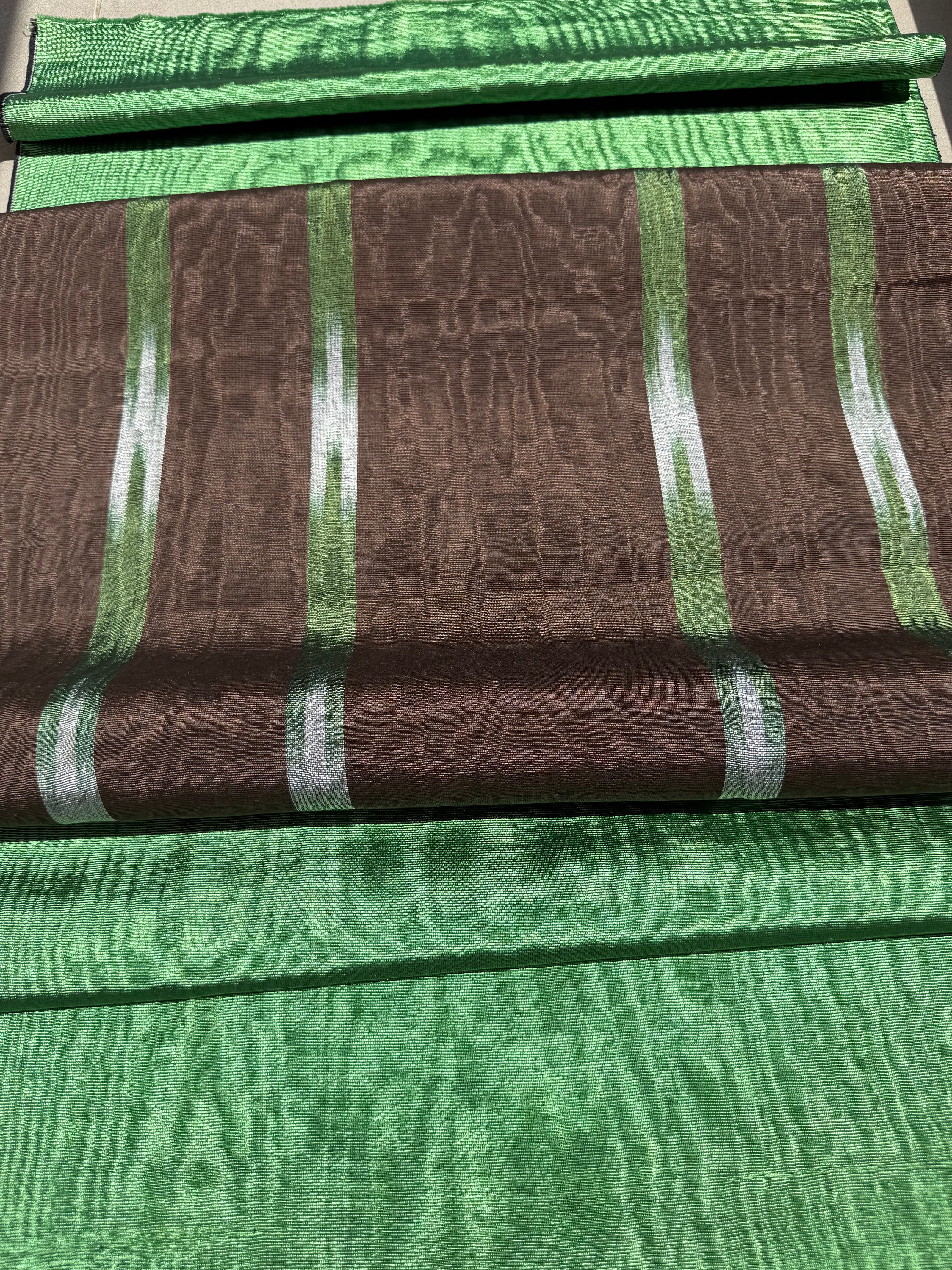 Brown Green Ikat Stripe Silk Moiré Fabric – 50/50 Silk Cotton Blend | Ottoman-Inspired Textile