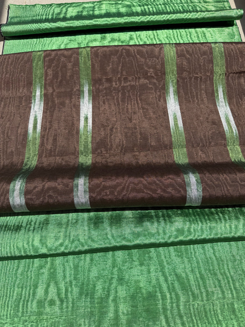 Brown Green Ikat Stripe Silk Moiré Fabric – 50/50 Silk Cotton Blend | Ottoman-Inspired Textile