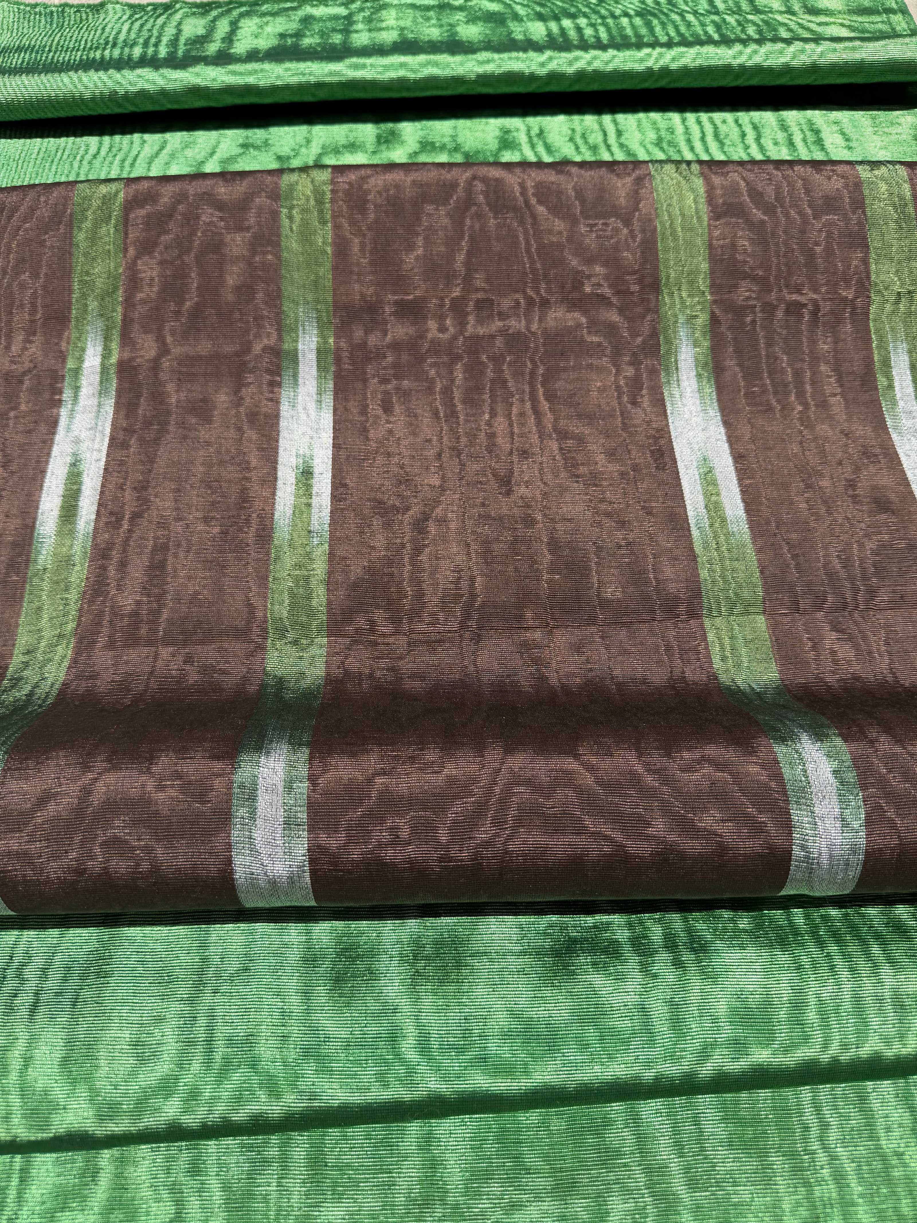 Brown Green Ikat Stripe Silk Moiré Fabric – 50/50 Silk Cotton Blend | Ottoman-Inspired Textile
