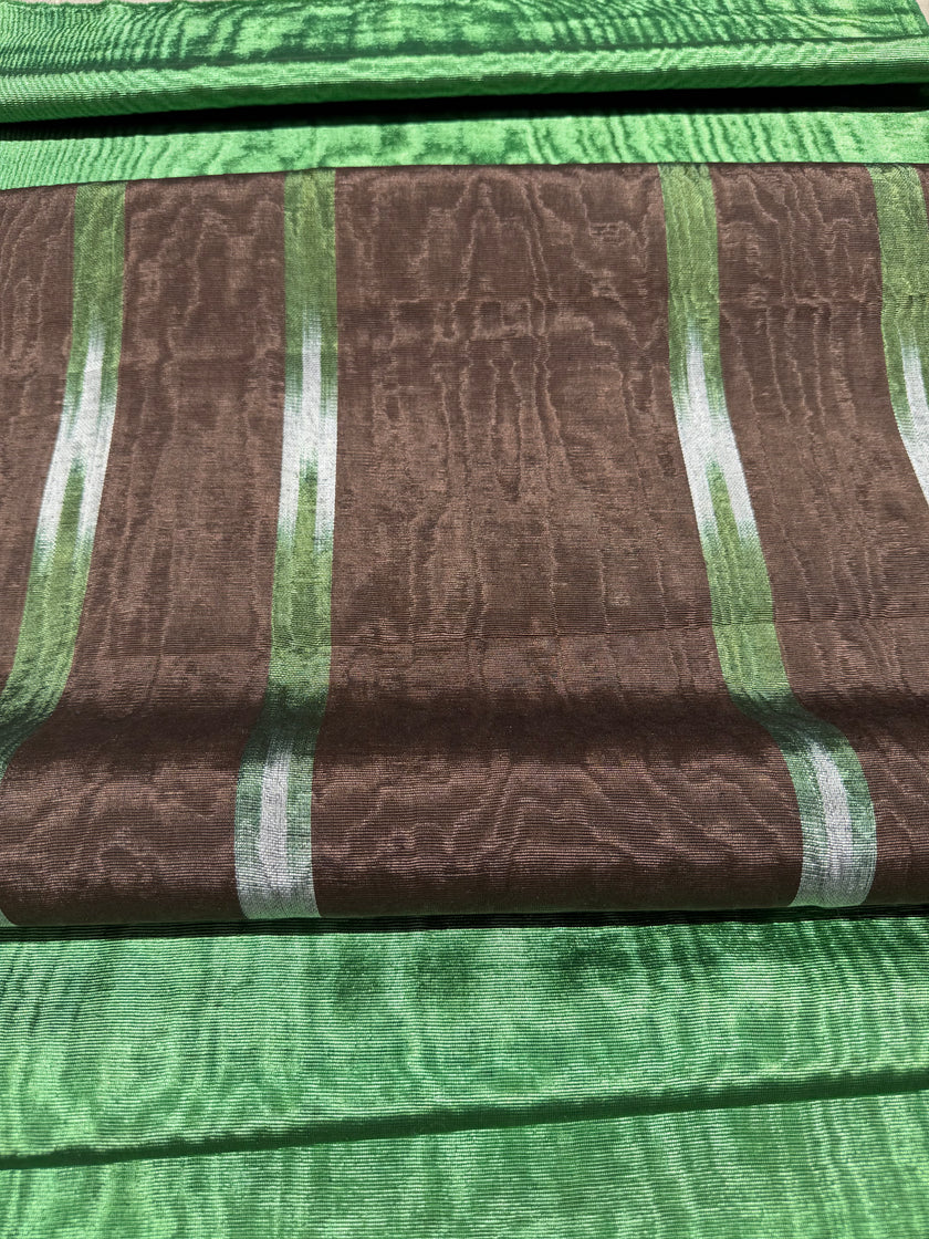 Brown Green Ikat Stripe Silk Moiré Fabric – 50/50 Silk Cotton Blend | Ottoman-Inspired Textile