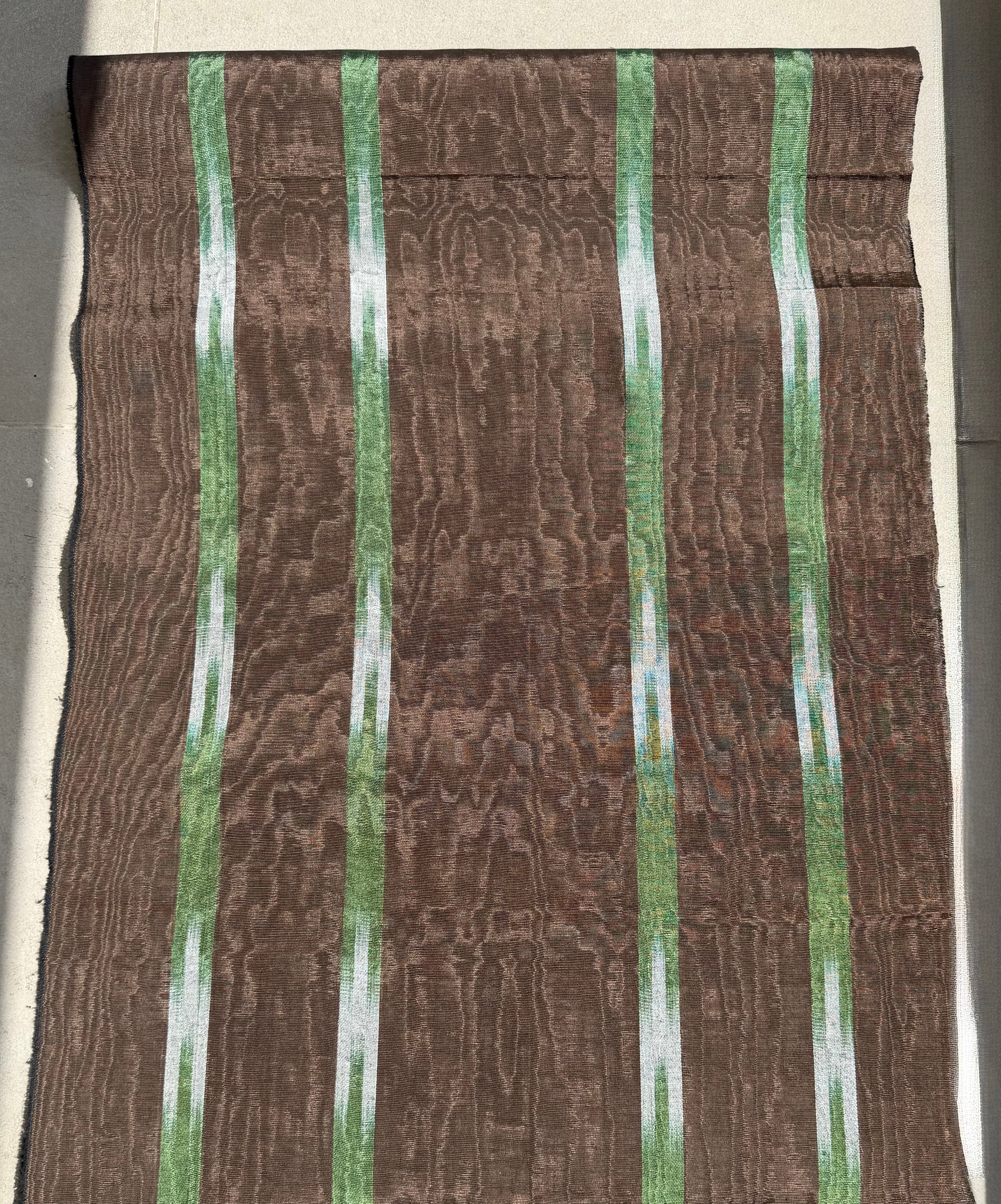 Brown Green Ikat Stripe Silk Moiré Fabric – 50/50 Silk Cotton Blend | Ottoman-Inspired Textile