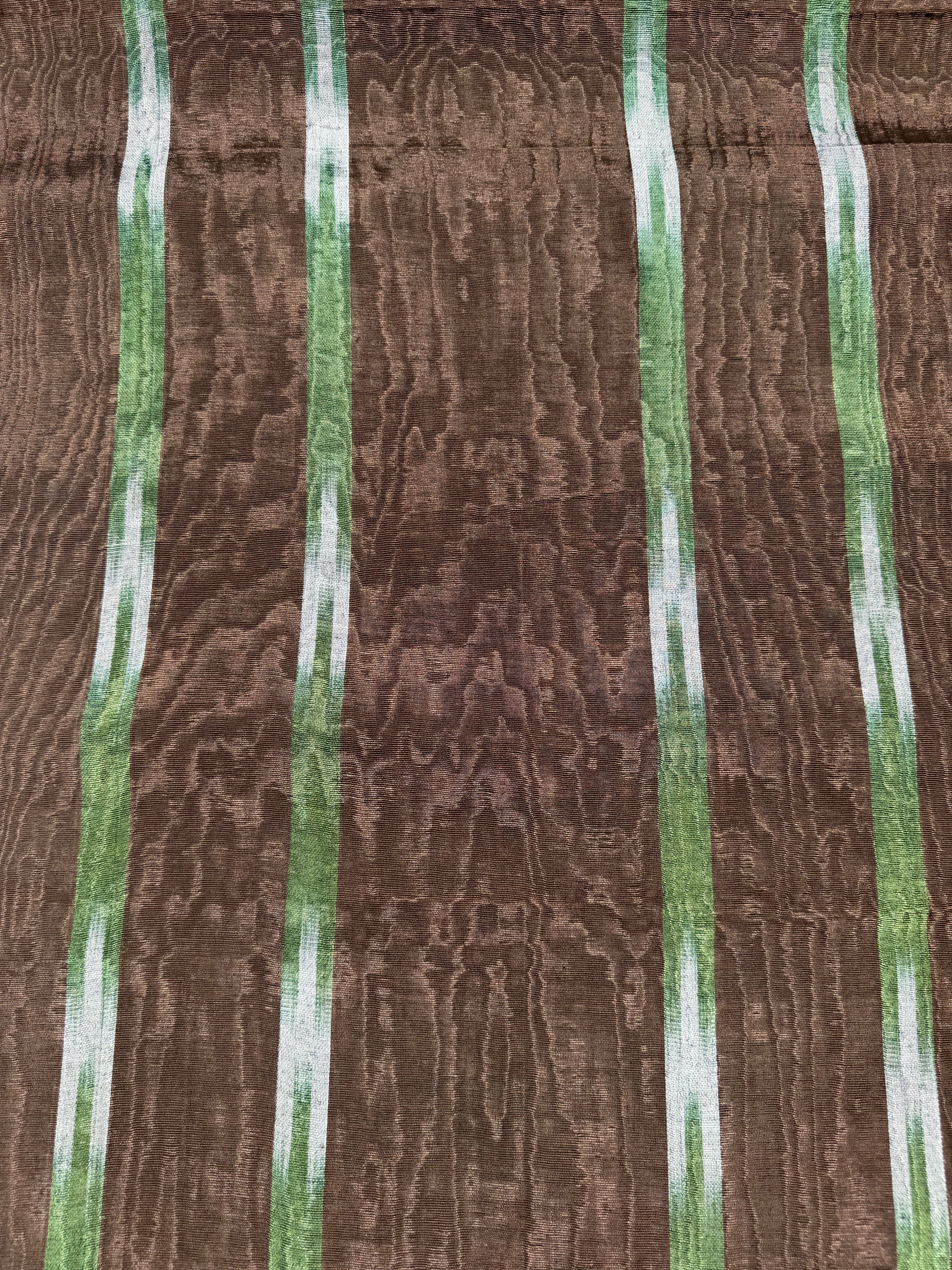 Brown Green Ikat Stripe Silk Moiré Fabric – 50/50 Silk Cotton Blend | Ottoman-Inspired Textile