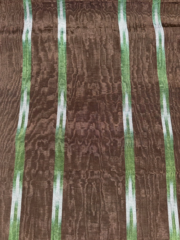 Brown Green Ikat Stripe Silk Moiré Fabric – 50/50 Silk Cotton Blend | Ottoman-Inspired Textile