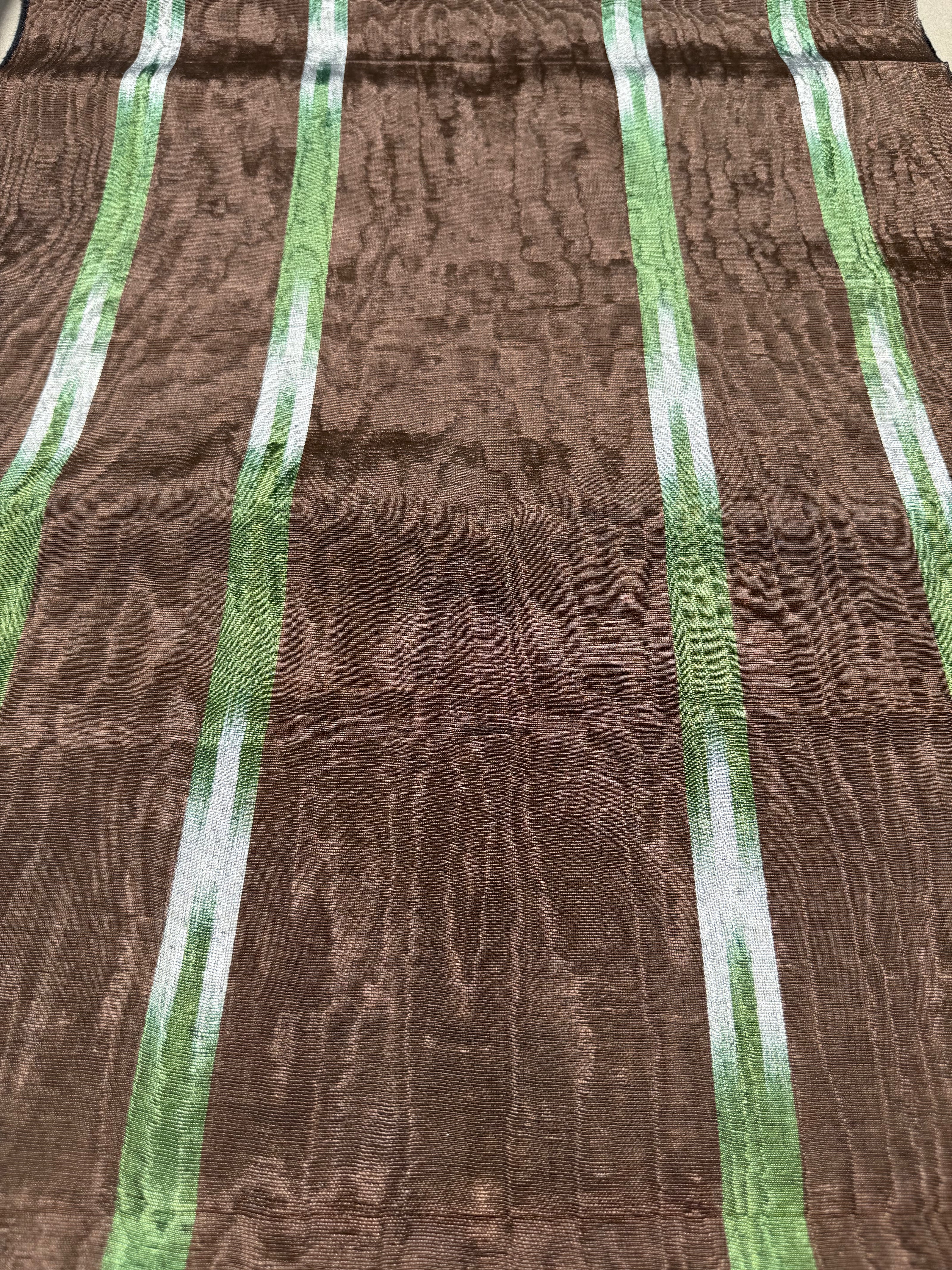 Brown Green Ikat Stripe Silk Moiré Fabric – 50/50 Silk Cotton Blend | Ottoman-Inspired Textile