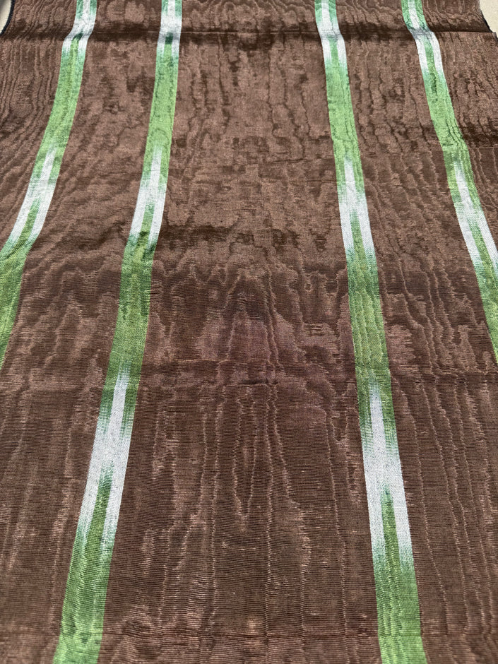 Brown Green Ikat Stripe Silk Moiré Fabric – 50/50 Silk Cotton Blend | Ottoman-Inspired Textile