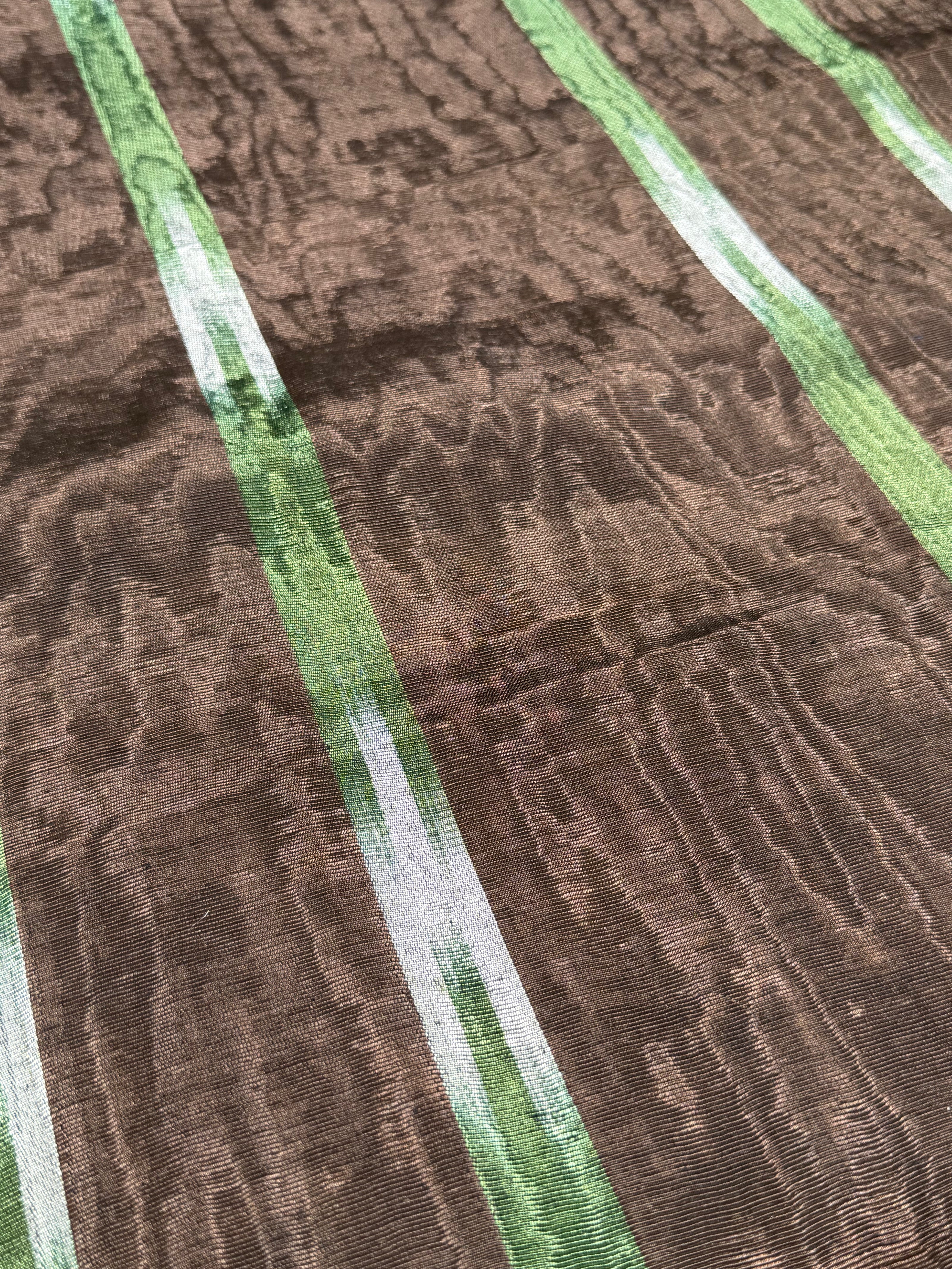 Brown Green Ikat Stripe Silk Moiré Fabric – 50/50 Silk Cotton Blend | Ottoman-Inspired Textile