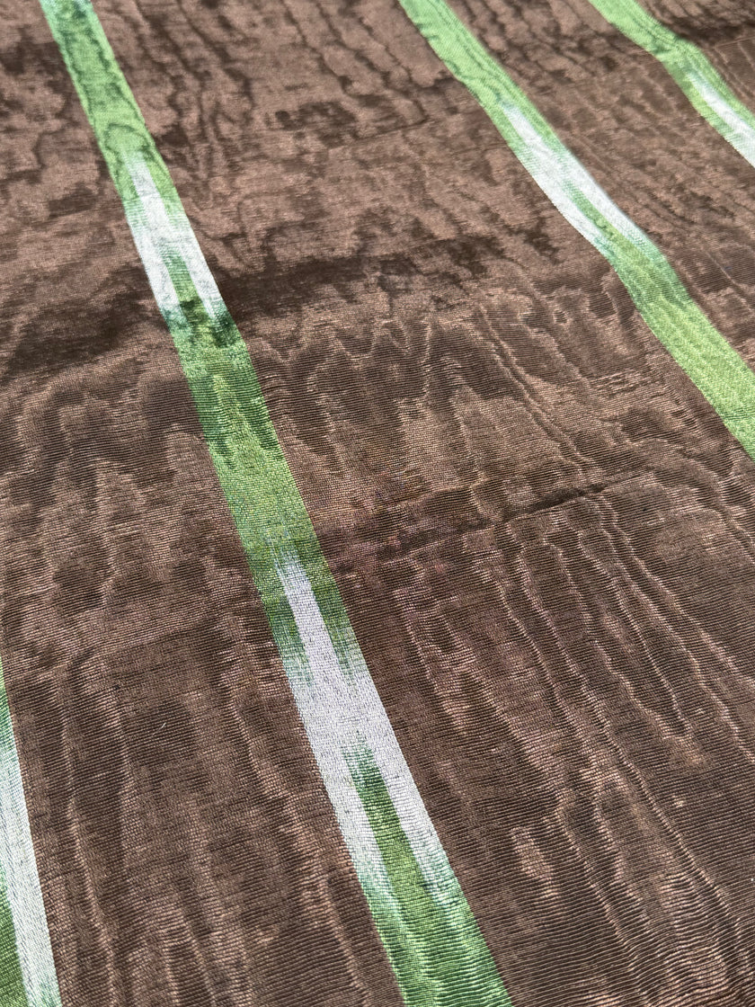Brown Green Ikat Stripe Silk Moiré Fabric – 50/50 Silk Cotton Blend | Ottoman-Inspired Textile